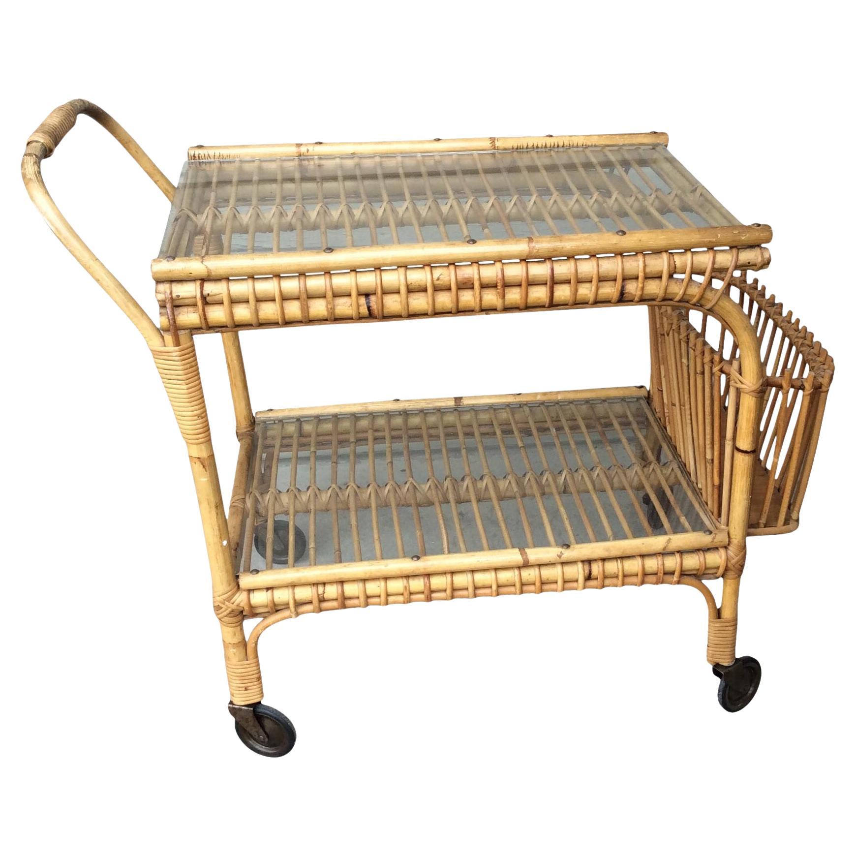 Mid-Century Modern French Rattan and Glass Bar Cart