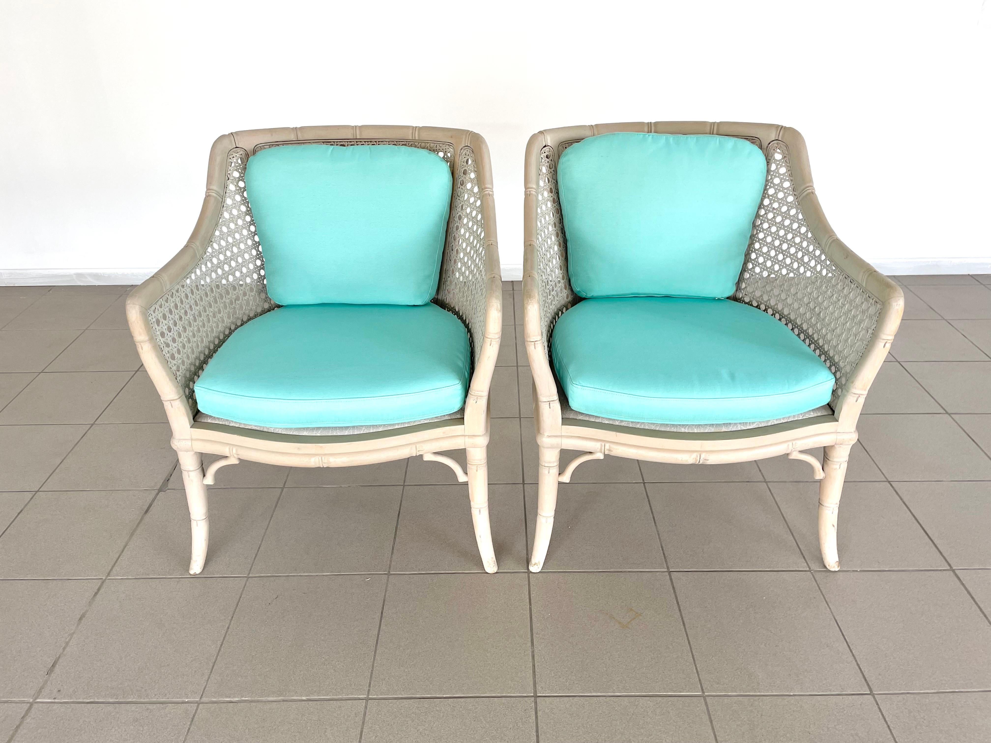Mid-Century Modern French Riviera Cane Bamboo Armchairs 1960s, Newly Upholstered In Good Condition In Bridgeport, CT