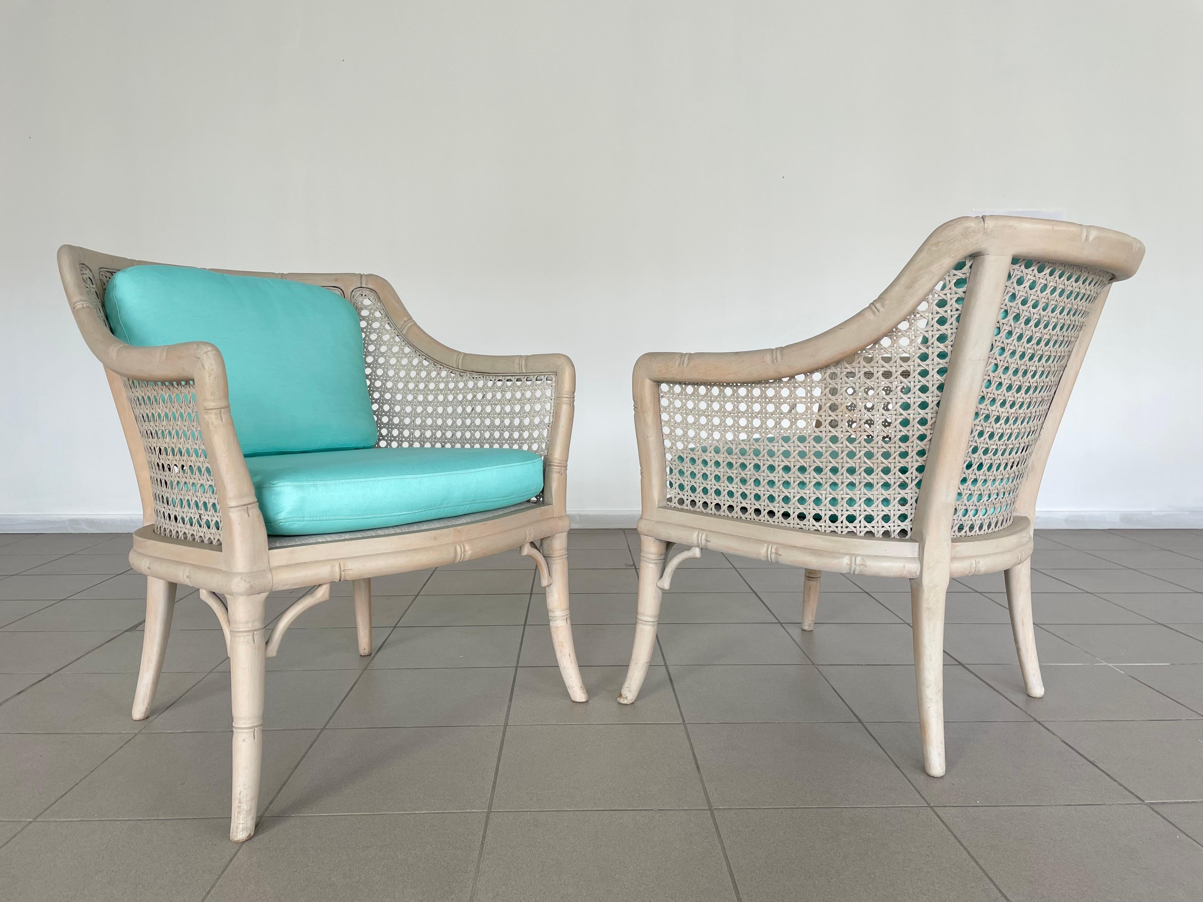 Fabric Mid-Century Modern French Riviera Cane Bamboo Armchairs 1960s, Newly Upholstered
