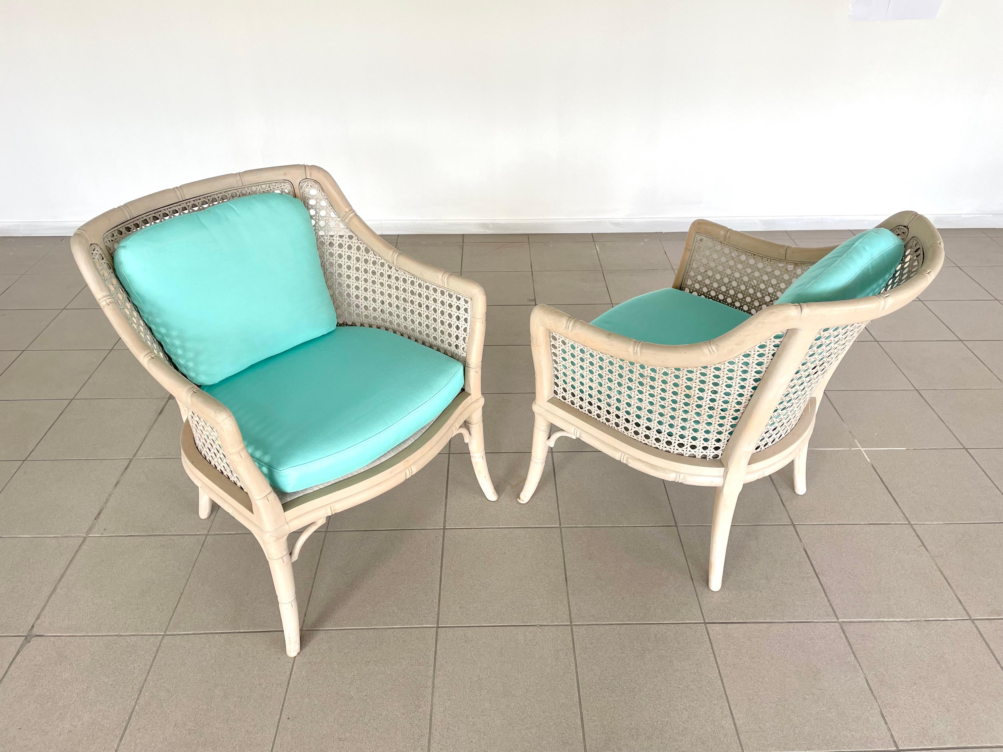 Mid-Century Modern French Riviera Cane Bamboo Armchairs 1960s, Newly Upholstered 1