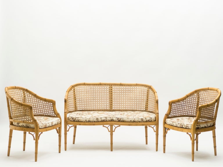 Mid Century Modern French Riviera Cane Bamboo Sofa And Armchairs