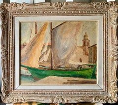 Vintage Mid Century Modern, French 1950's Impressionist fishing boat in a harbor .