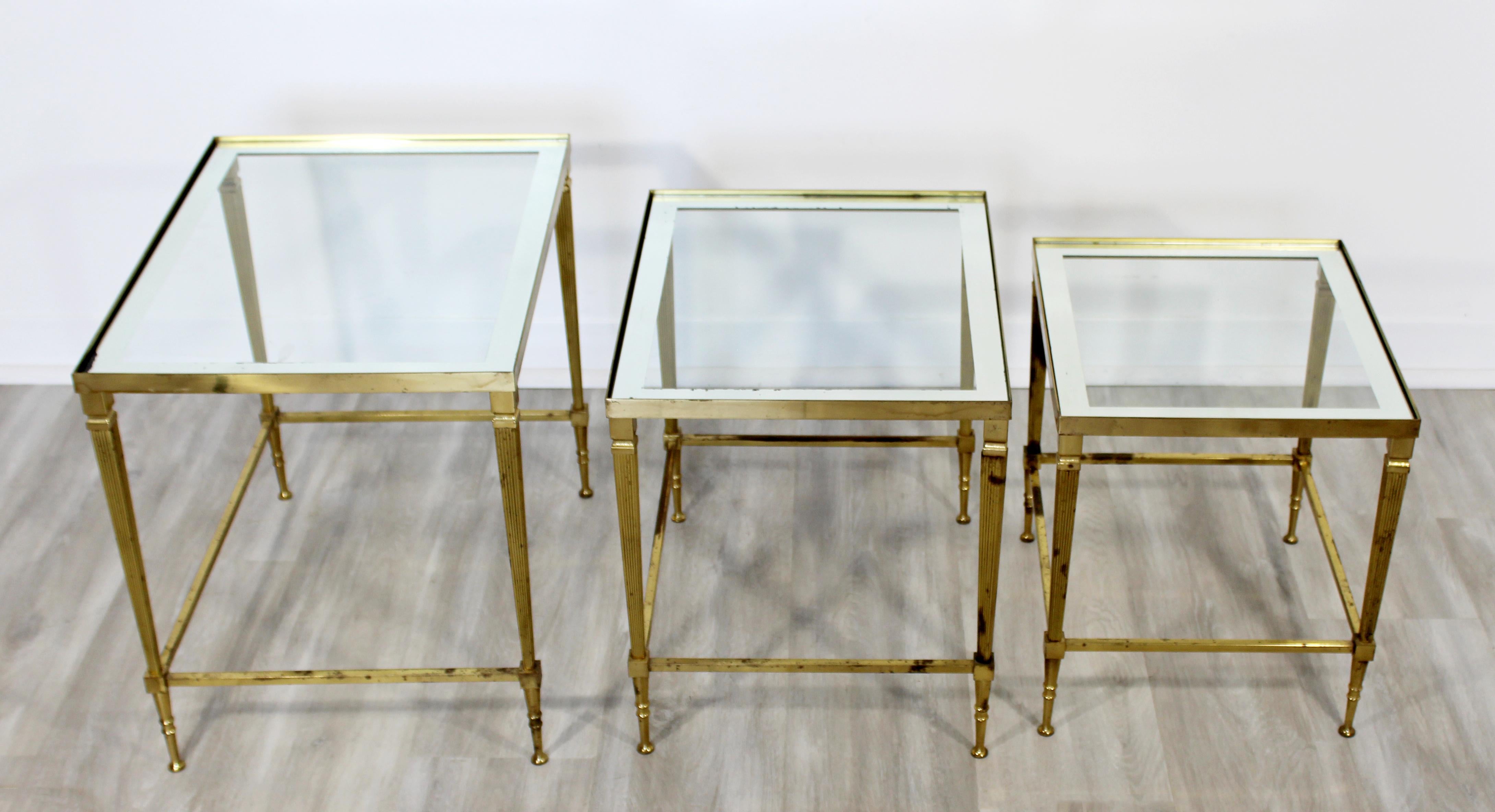 Mid-Century Modern French Set of 3 Nesting Stacked Side Tables Brass and Glass 6