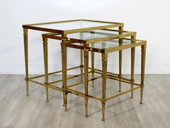 Mid-Century Modern French Set of 3 Nesting Stacked Side Tables Brass and Glass