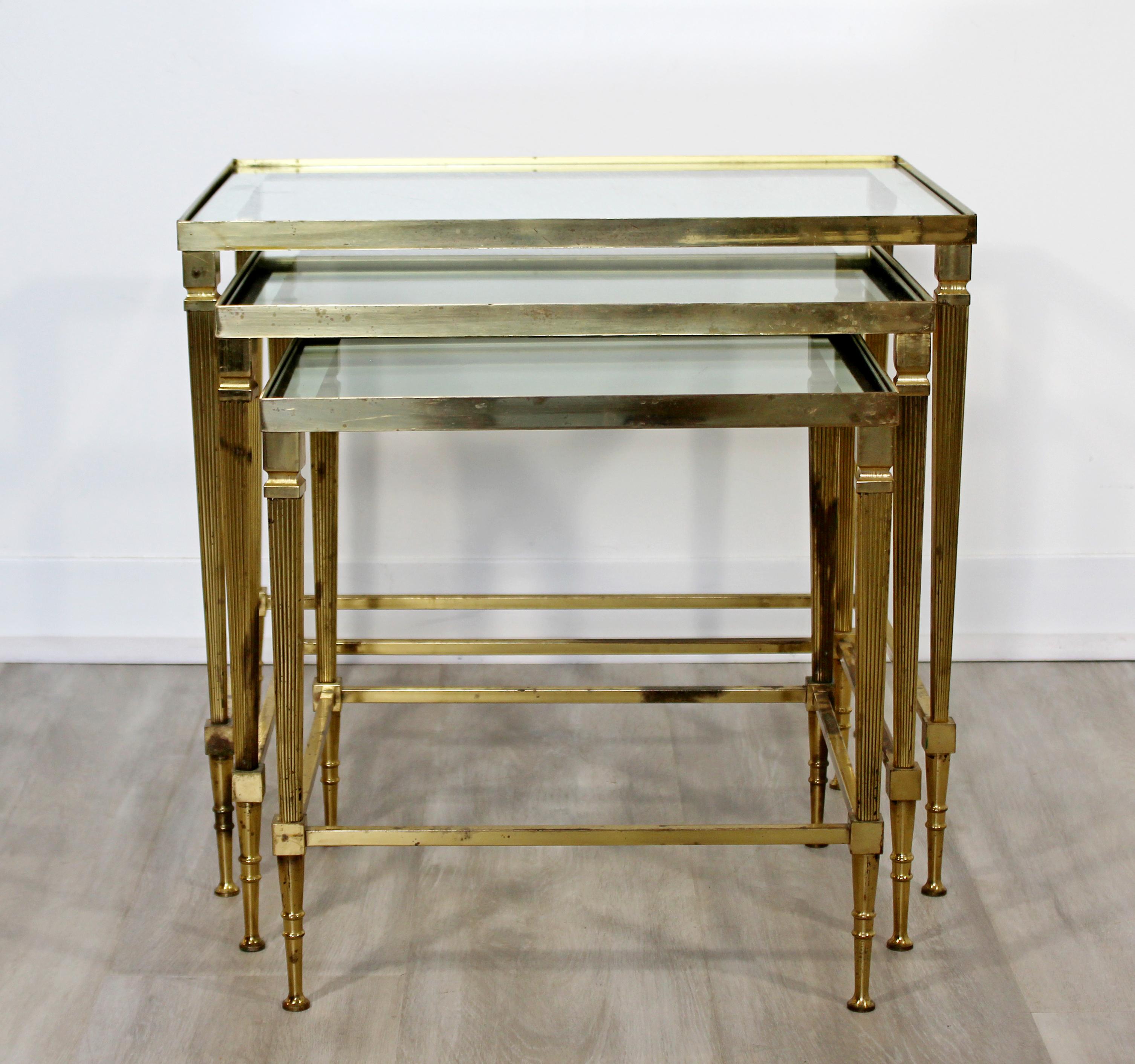 American Mid-Century Modern French Set of 3 Nesting Stacked Side Tables Brass and Glass