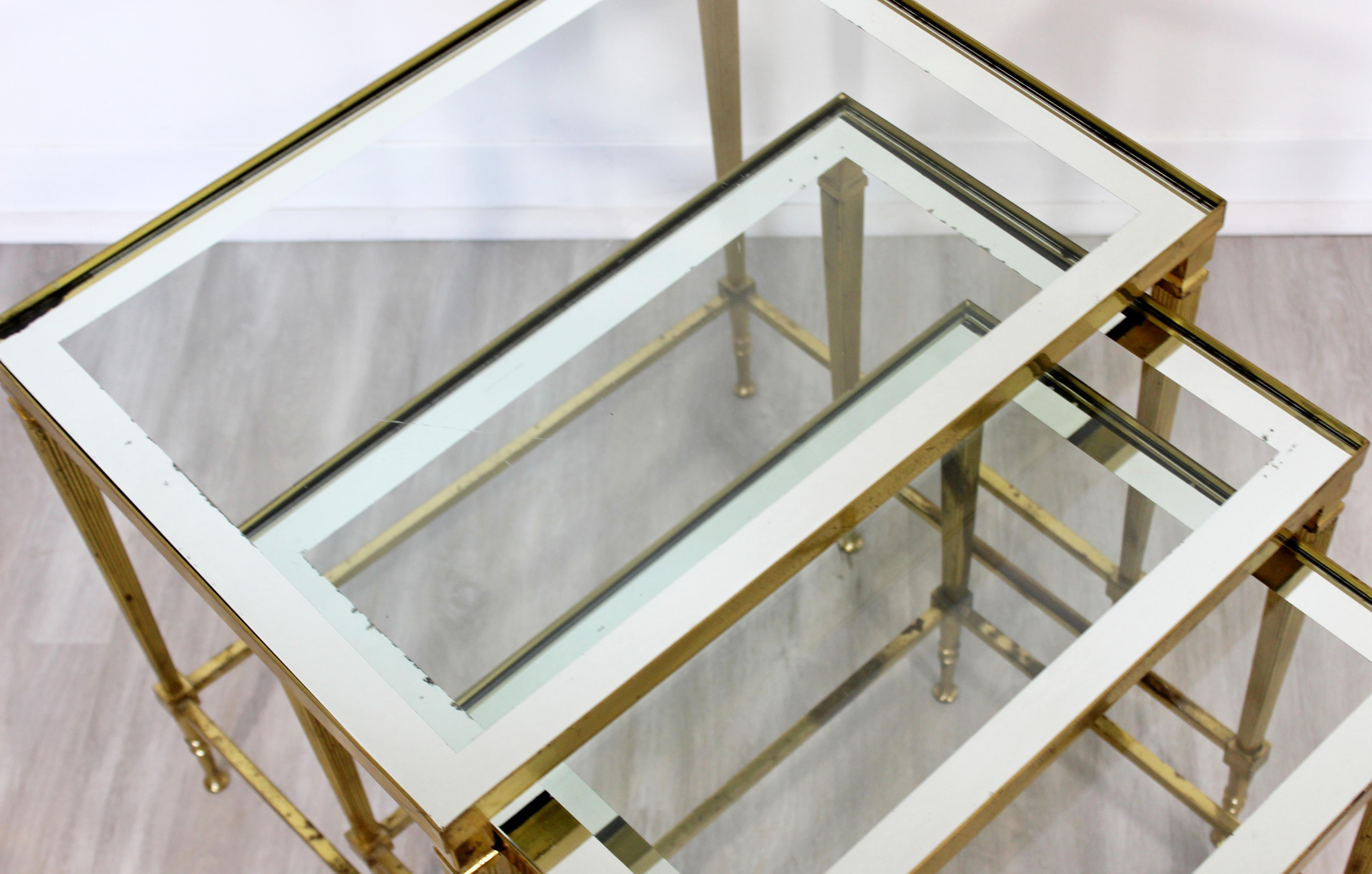 Mid-20th Century Mid-Century Modern French Set of 3 Nesting Stacked Side Tables Brass and Glass