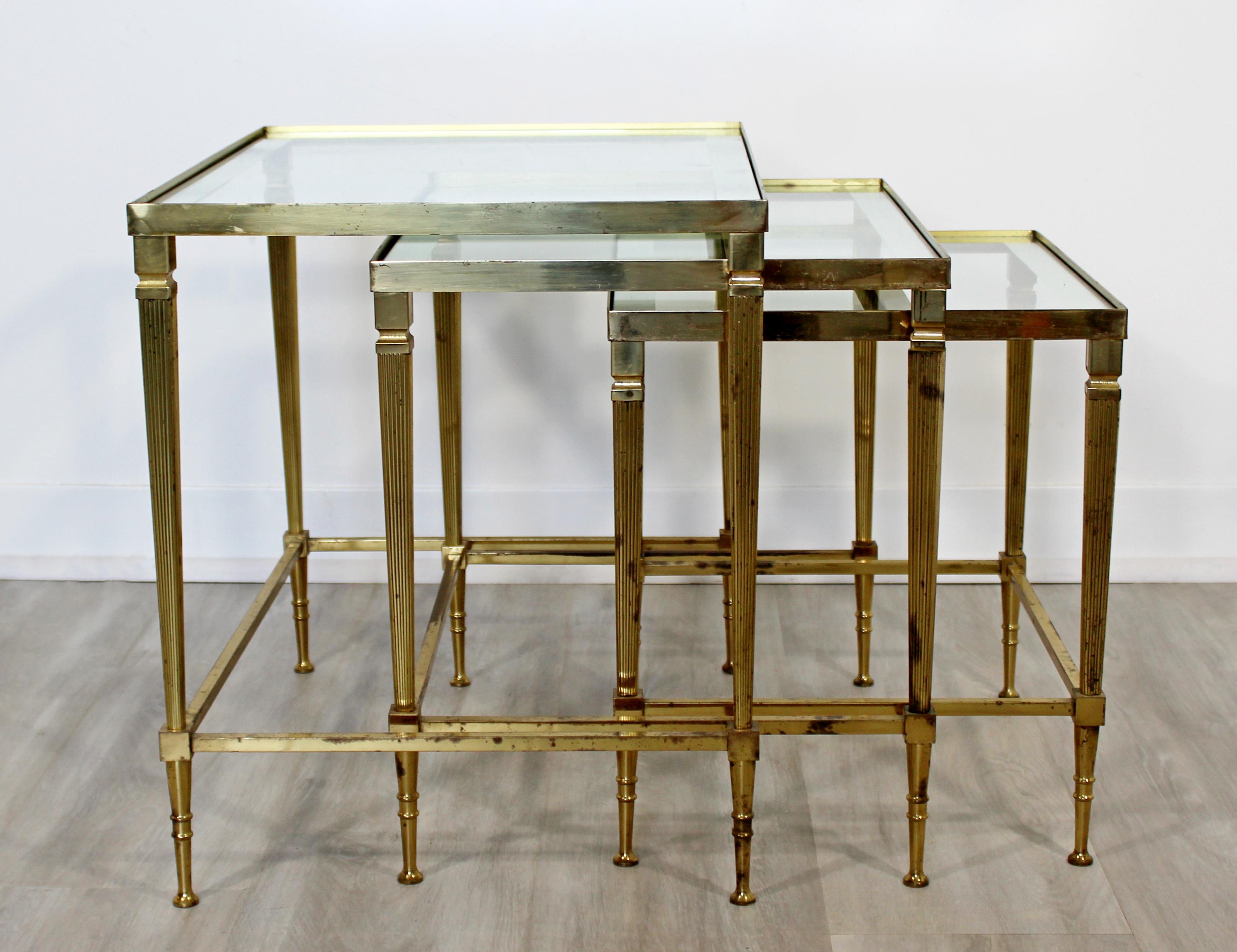 Mid-Century Modern French Set of 3 Nesting Stacked Side Tables Brass and Glass 1