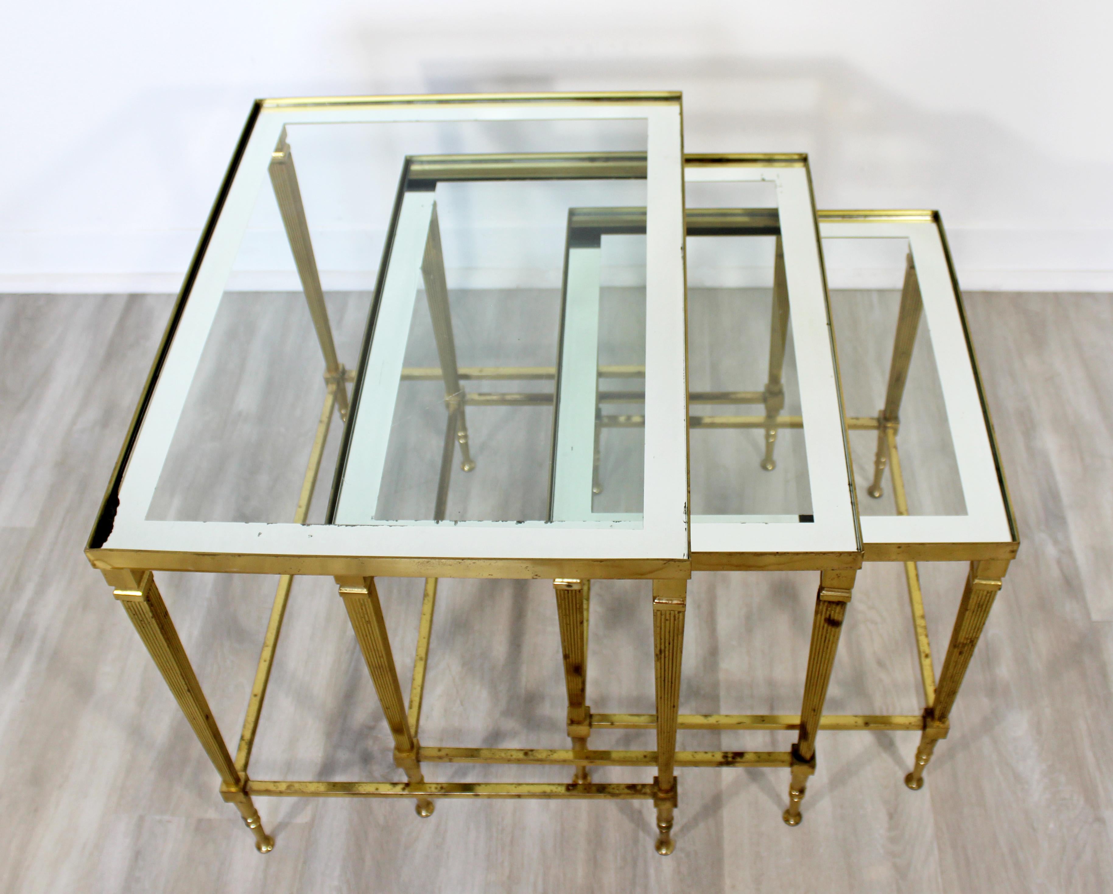 Mid-Century Modern French Set of 3 Nesting Stacked Side Tables Brass and Glass 2