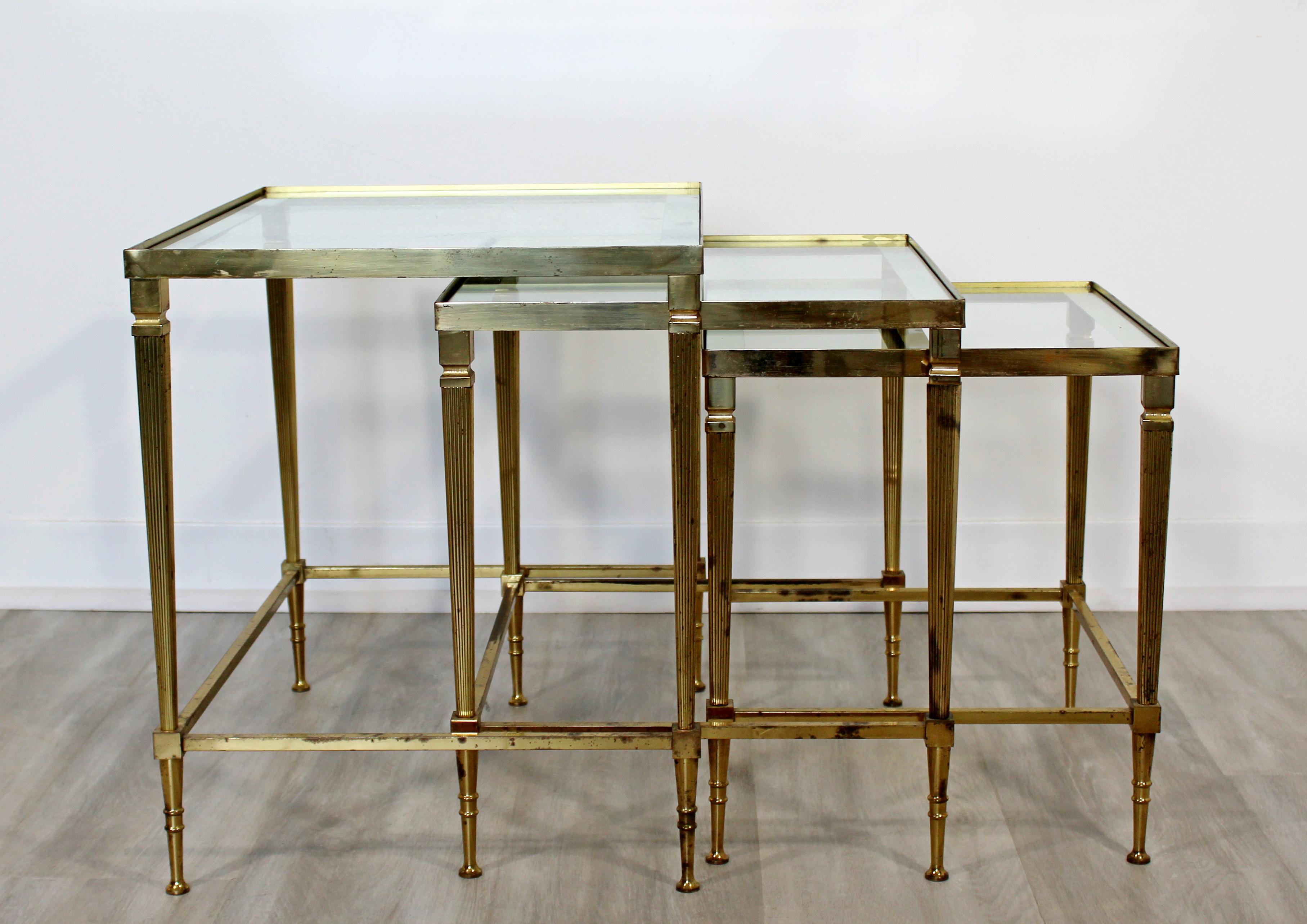 Mid-Century Modern French Set of 3 Nesting Stacked Side Tables Brass and Glass 3
