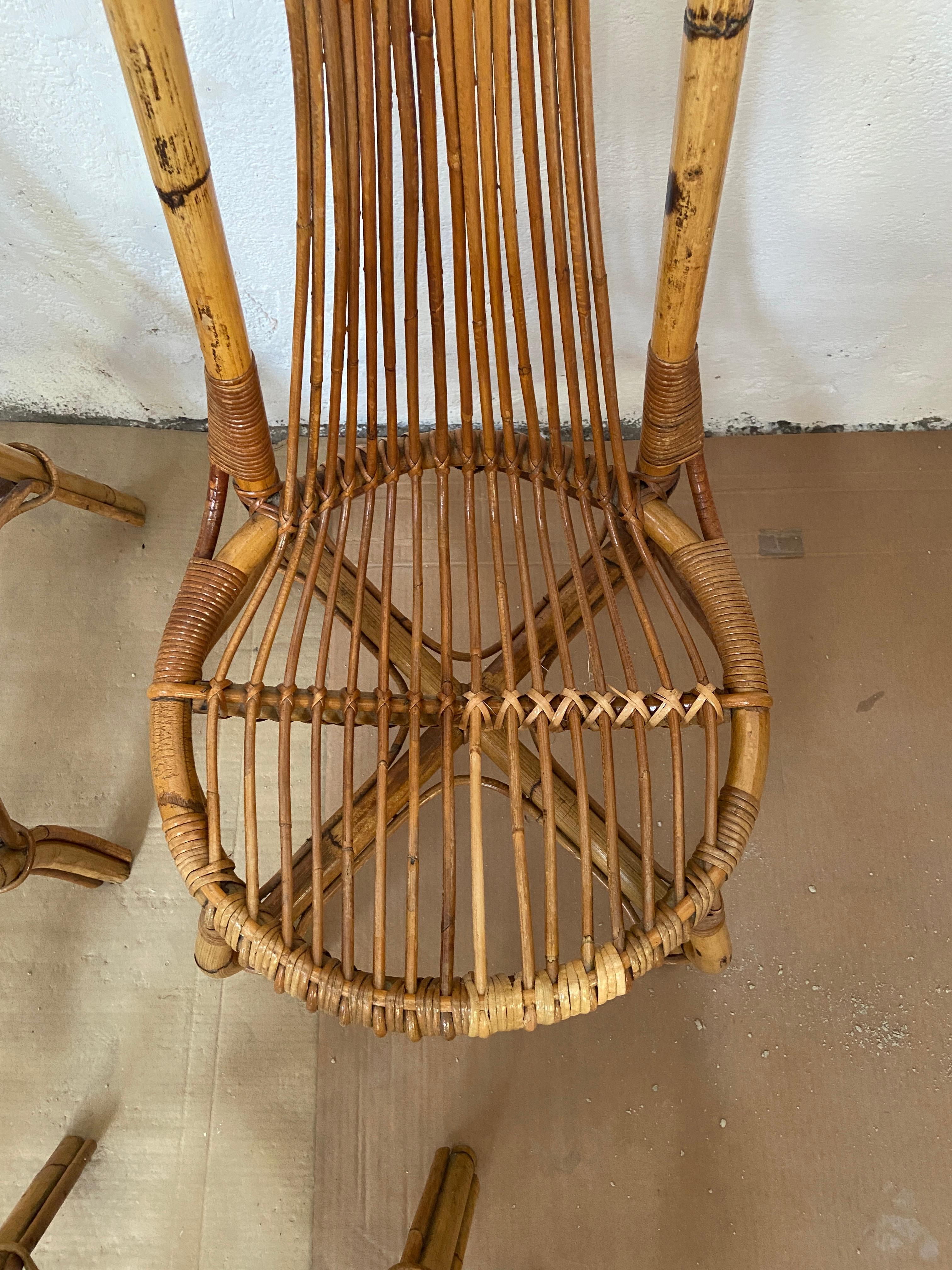 Mid-Century Modern French Set of 4 Bamboo and Rattan Dining Chairs, 1960s 11