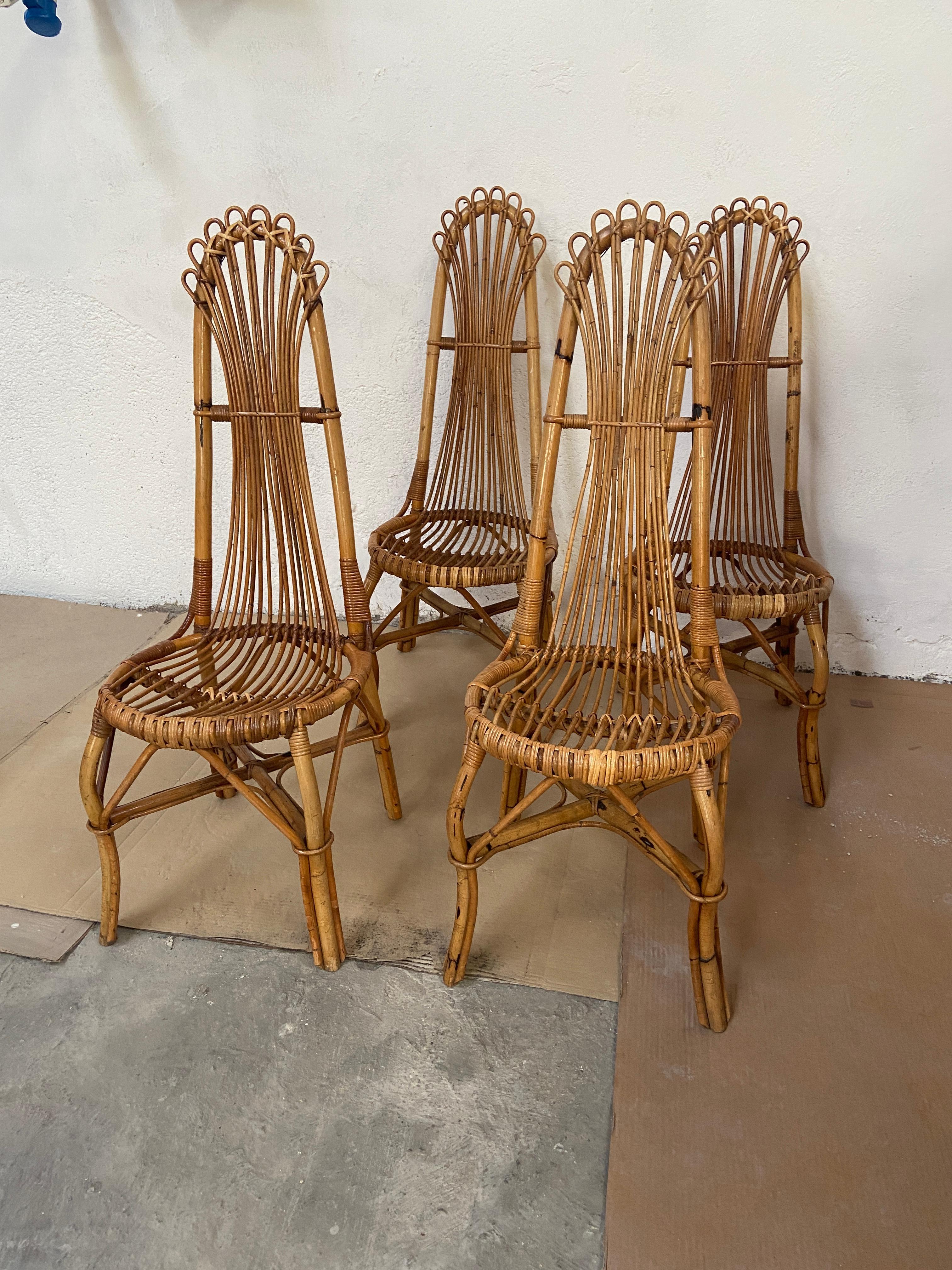 Mid-Century Modern French Set of 4 Bamboo and Rattan Dining Chairs, 1960s In Good Condition In Prato, IT