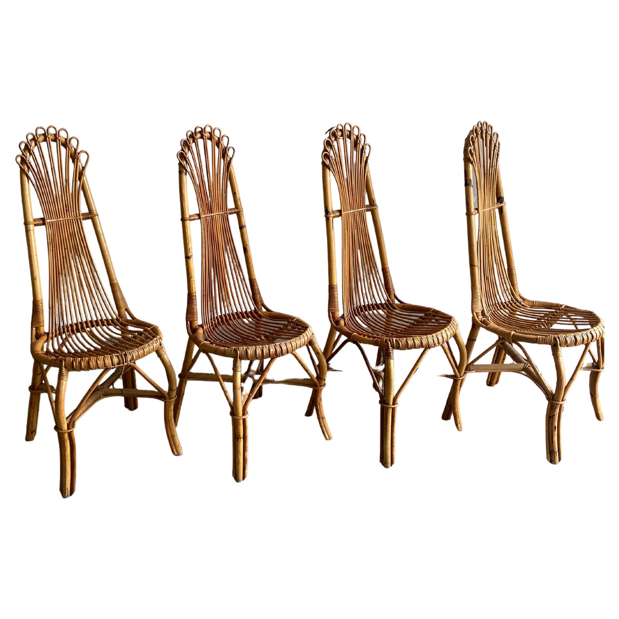 Mid-Century Modern French Set of 4 Bamboo and Rattan Dining Chairs, 1960s