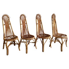 Mid-Century Modern French Set of 4 Bamboo and Rattan Dining Chairs, 1960s