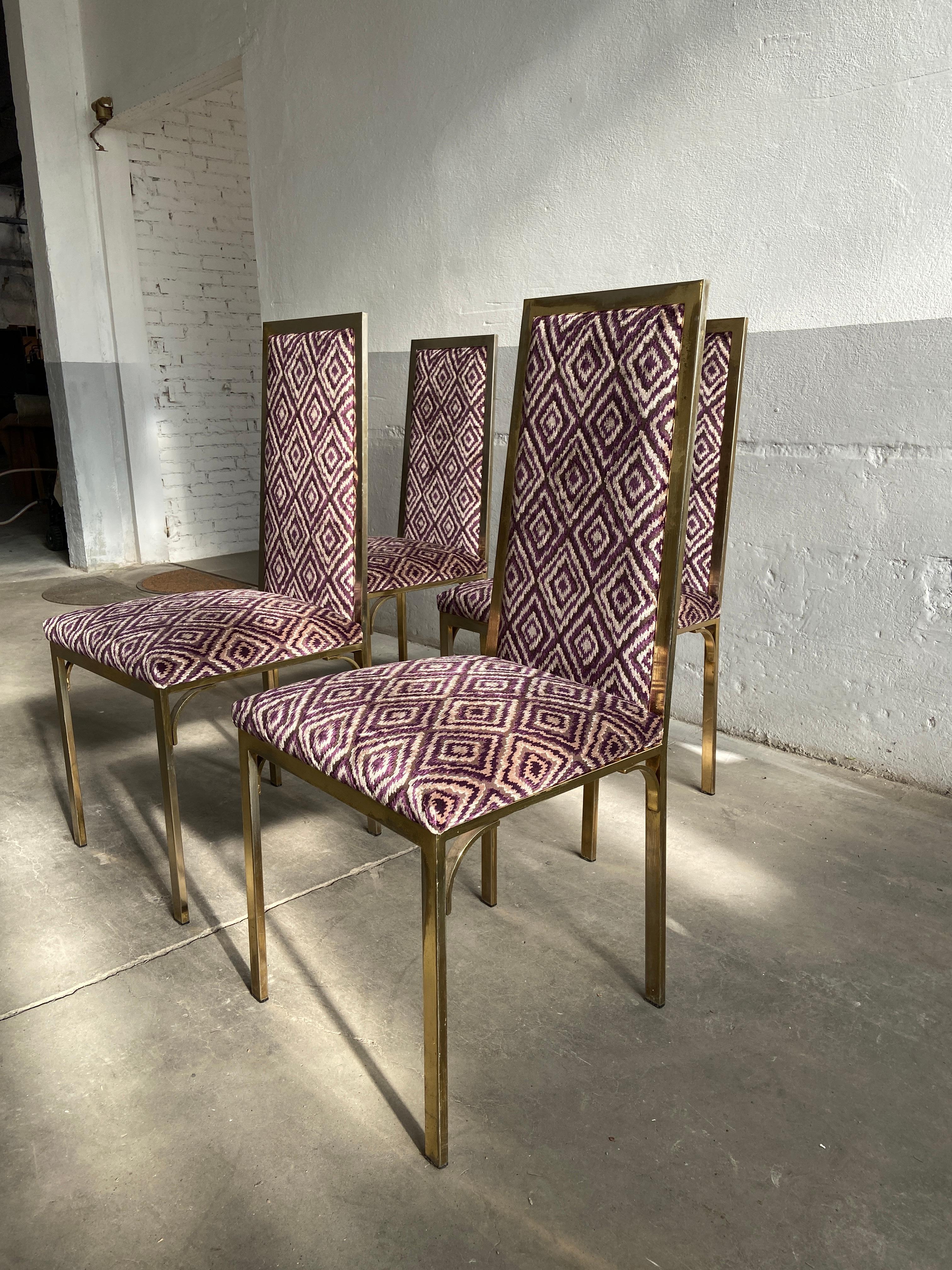 Mid-Century Modern French Set of 4 Gilt Metal Chairs with Velvet Upholstery In Good Condition In Prato, IT
