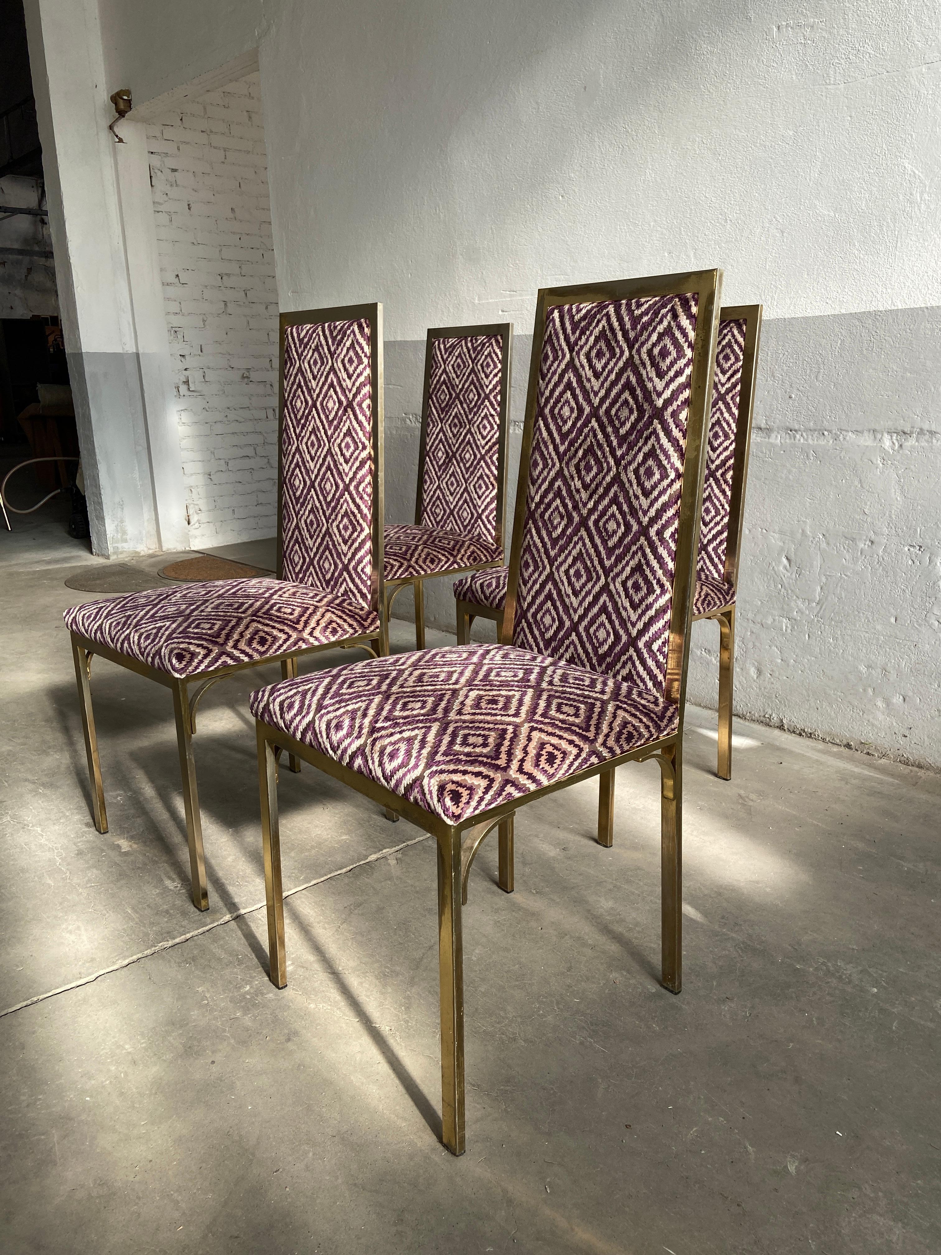 Mid-Century Modern French Set of 4 Gilt Metal Chairs with Velvet Upholstery 2