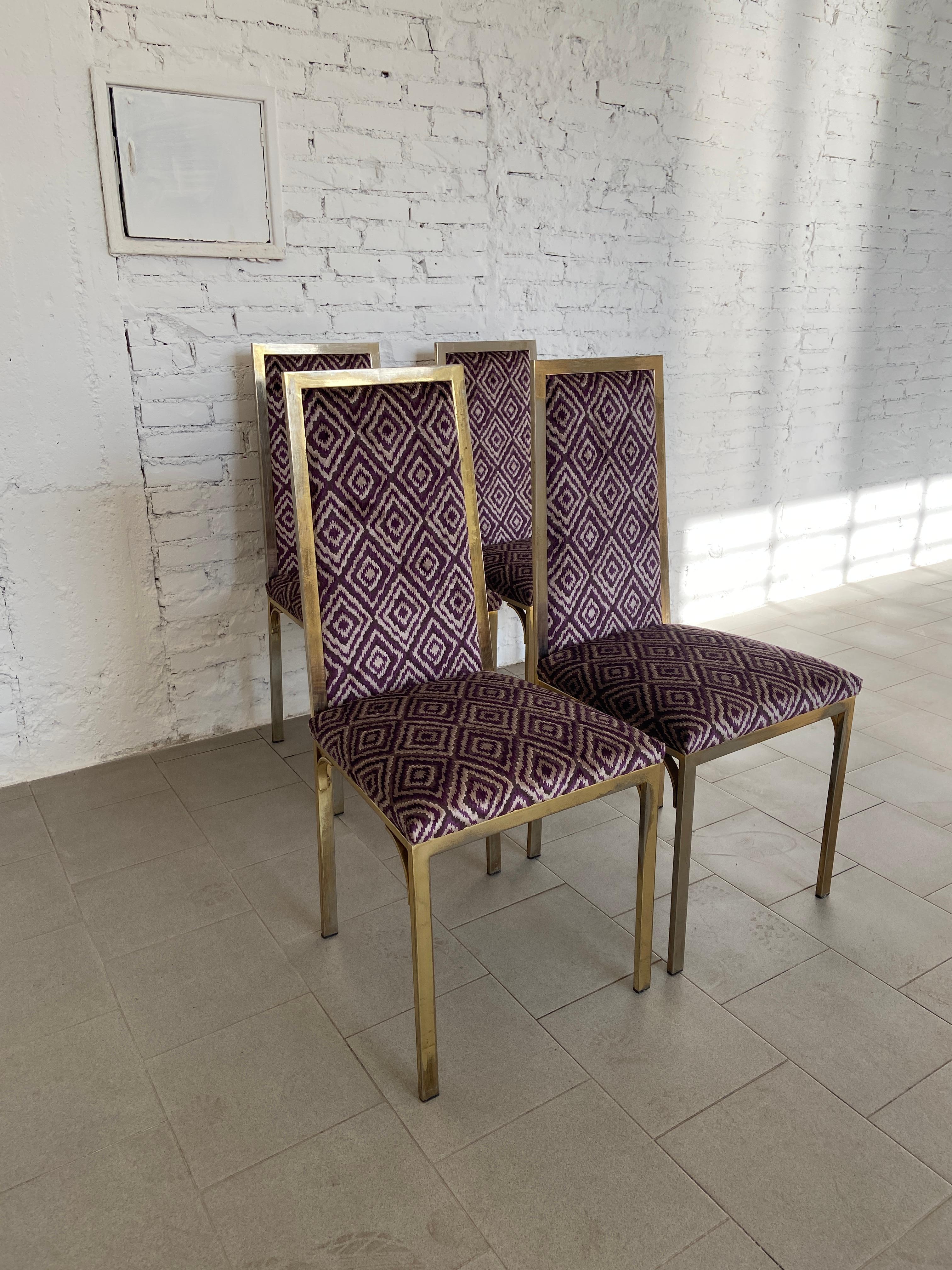 Mid-Century Modern French Set of 4 Gilt Metal Chairs with Velvet Upholstery 3