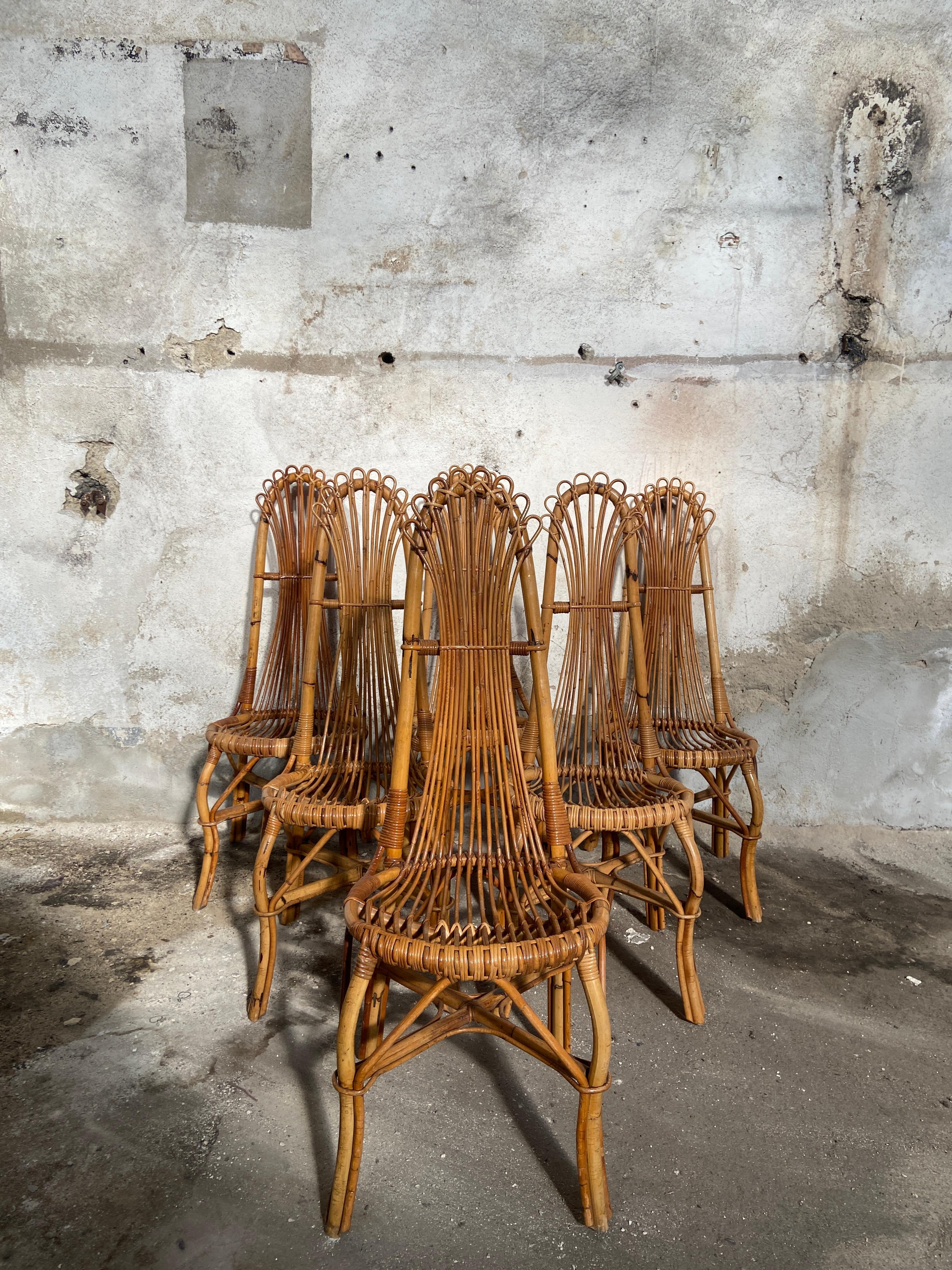 Mid-20th Century Mid-Century Modern French Set of 6 Bamboo and Rattan High Back Chairs, 1960s
