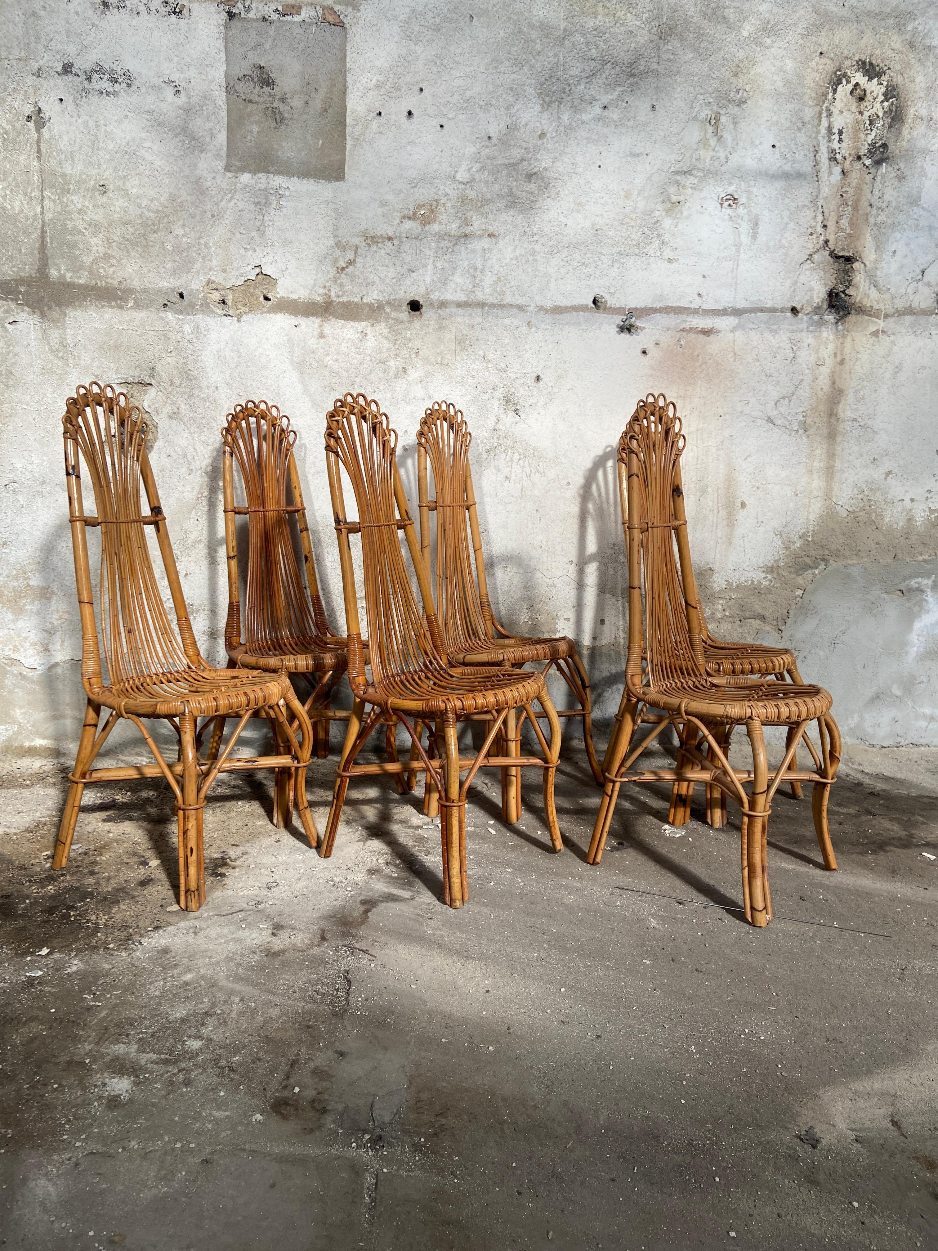 Mid-Century Modern French Set of 6 Bamboo and Rattan High Back Chairs, 1960s 2