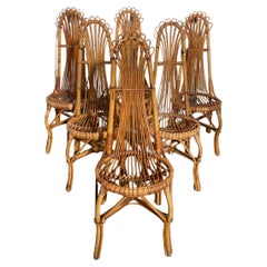 Mid-Century Modern French Set of 6 Bamboo and Rattan High Back Chairs, 1960s