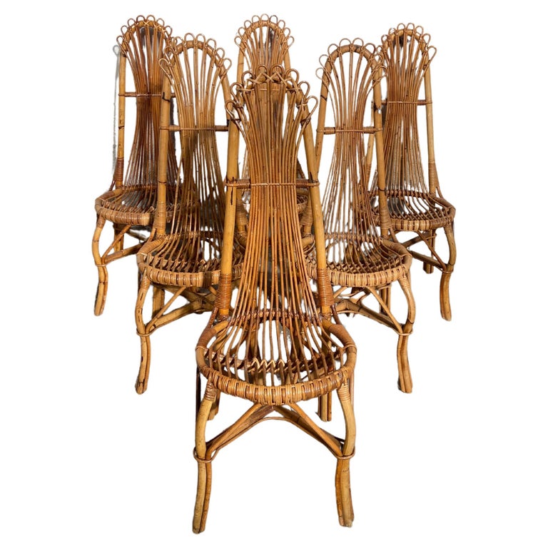 Mid-Century Modern French Set of 6 Bamboo and Rattan High Back Chairs