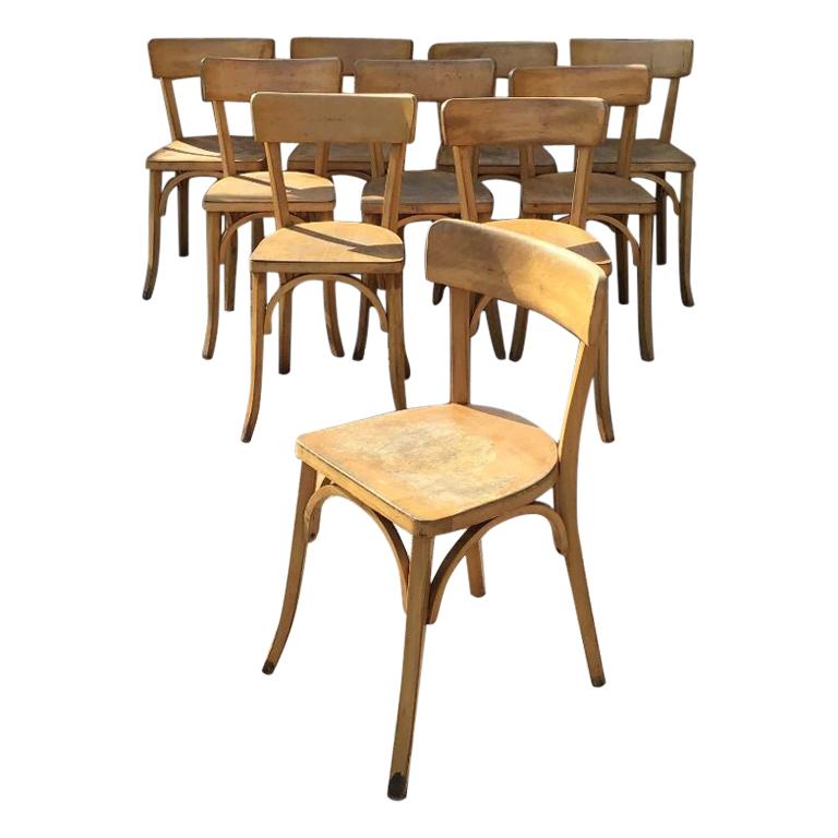 Mid-Century Modern French Set of Bistro Wooden Chairs, 1950s For Sale