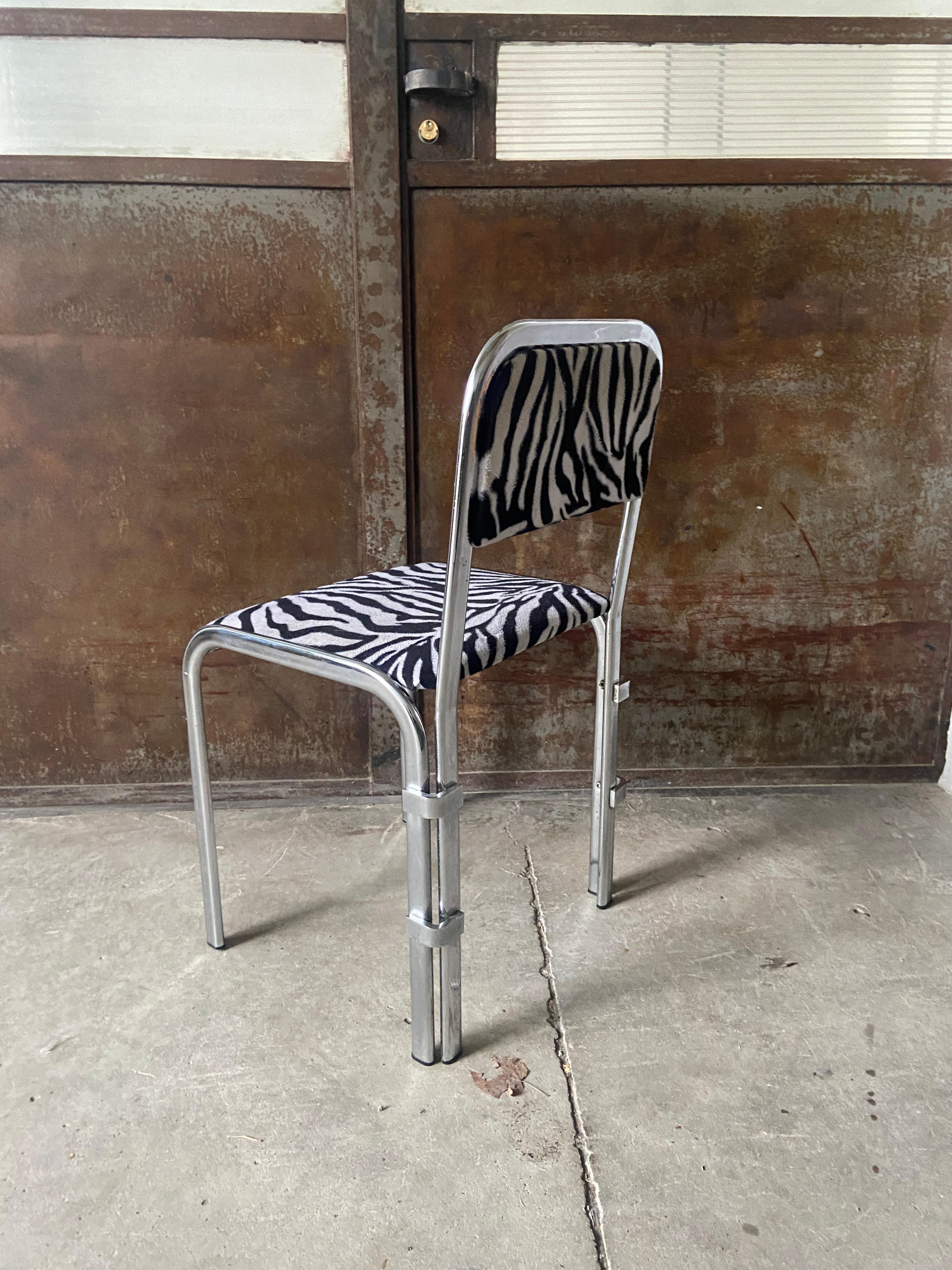 Late 20th Century Mid-Century Modern French Set of Four Chrome Chairs Covered with Zebra Fabric For Sale