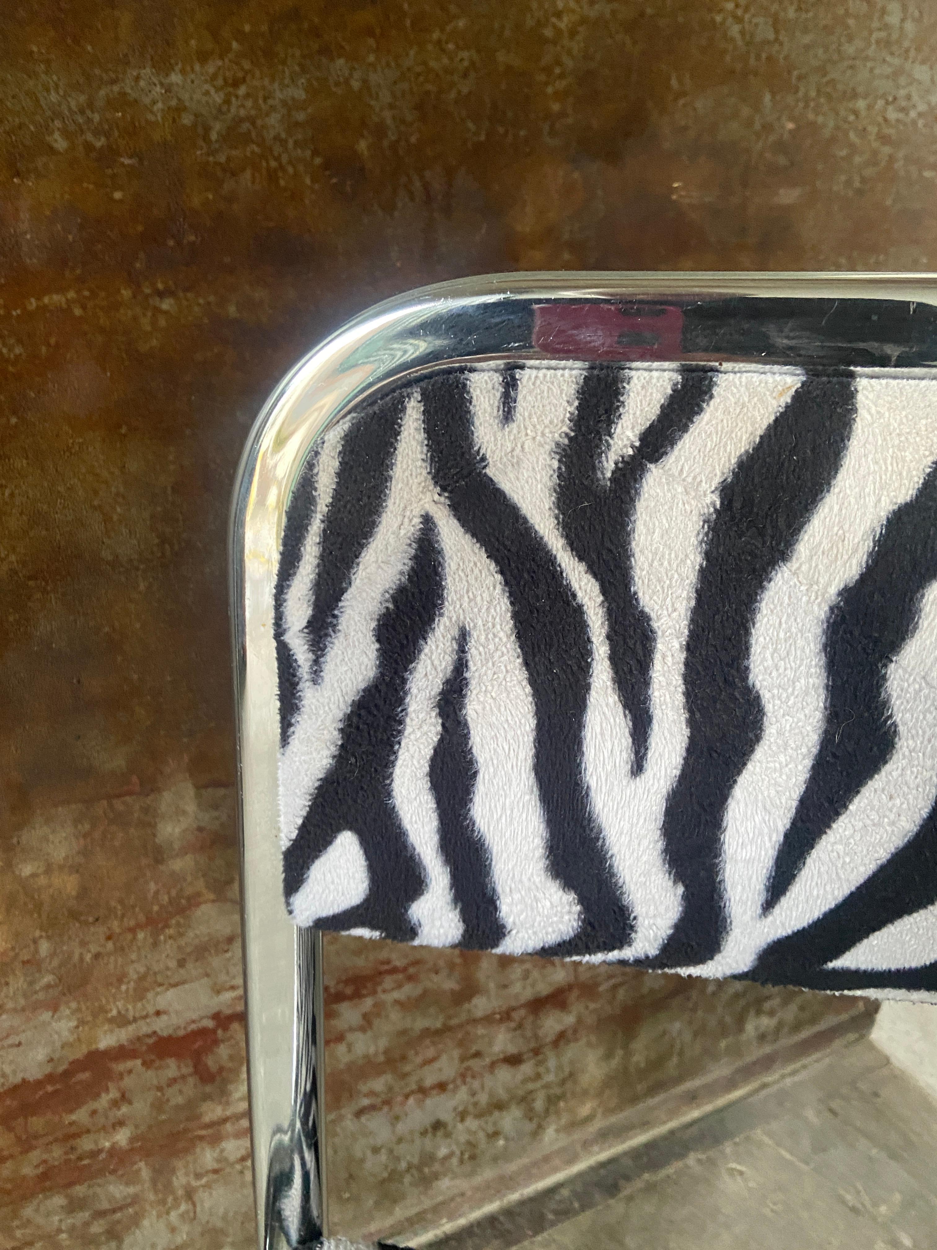 Mid-Century Modern French Set of Four Chrome Chairs Covered with Zebra Fabric For Sale 2