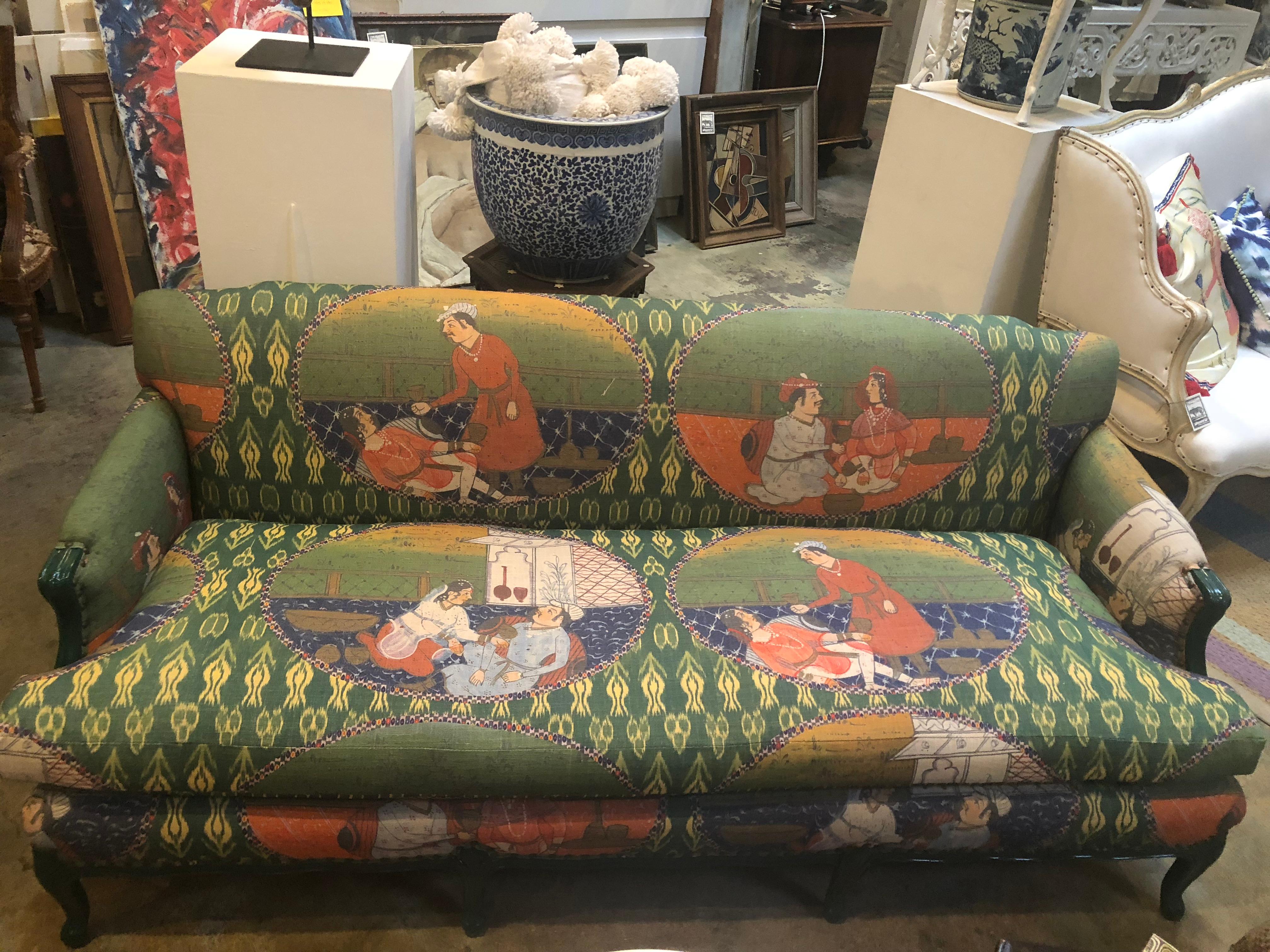 Mid-century modern 1950s French provincial green lacquered sofa. Down feather wrap cushions. Hand carved wood detail. Hand tied spring 8 ways. Completely refurbished. Newly upholstered in Michelle Nussbaumer's custom Middle Eastern medallions fabric.