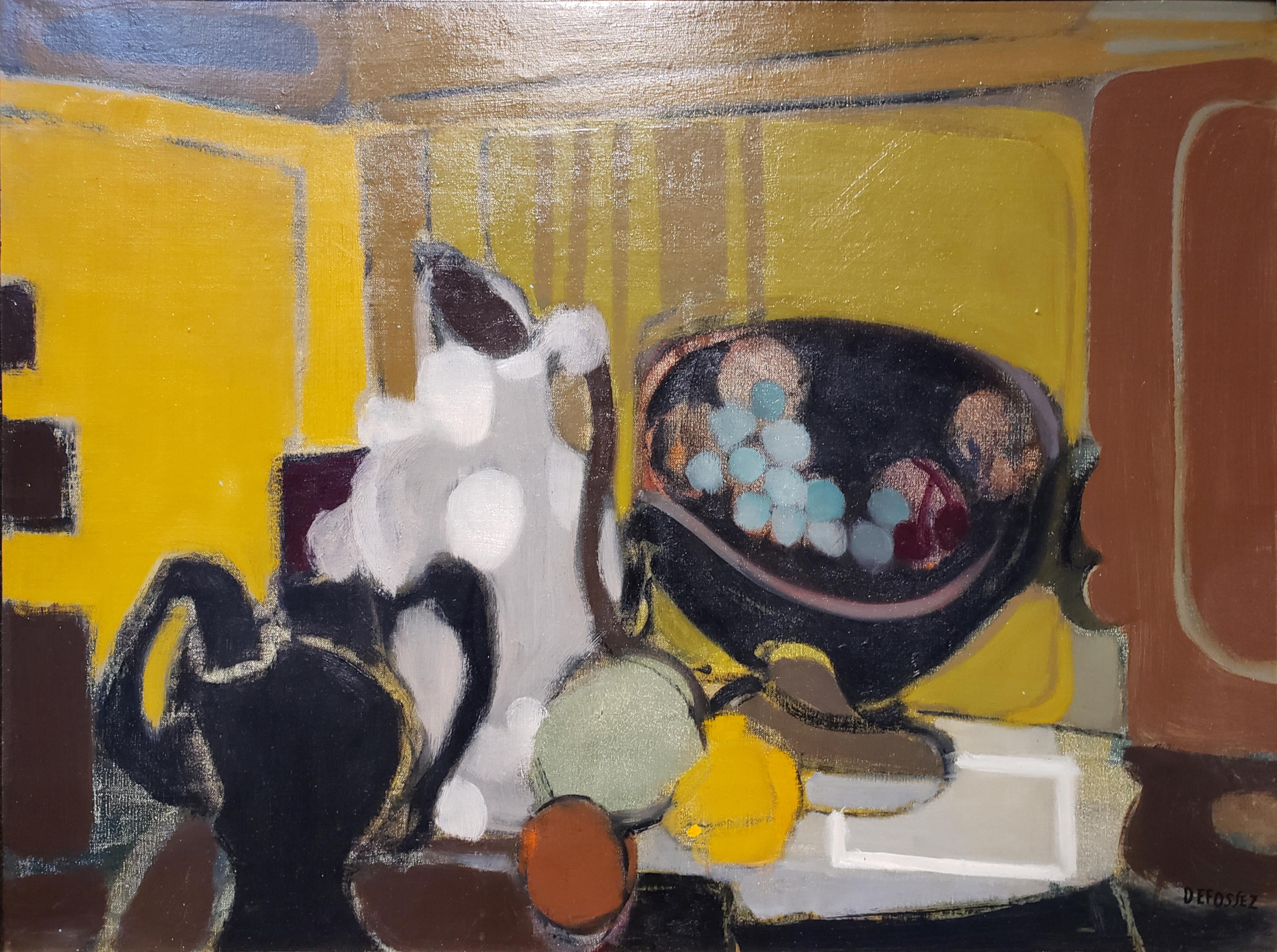 Modern still life with strange bowls and vases and cool-toned pastel colored fruits in front of the warm background of an inner room. Striking composition of shapes and colors painted by French artist Alfred Defossez, circa 1960s. Framed in gilded