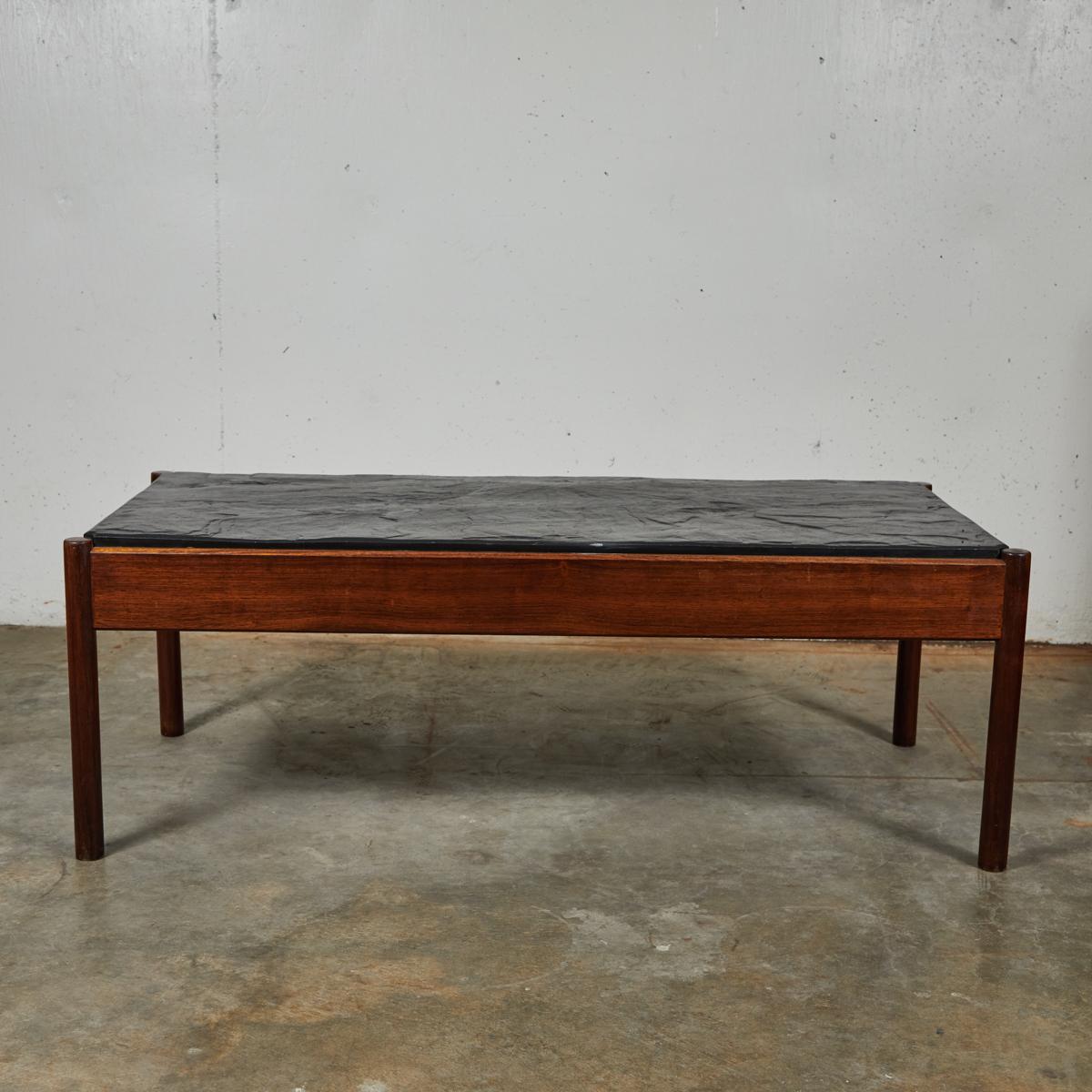 Mid Century Modern French Stone Top Coffee Table with Mahogany Base  In Good Condition In Los Angeles, CA