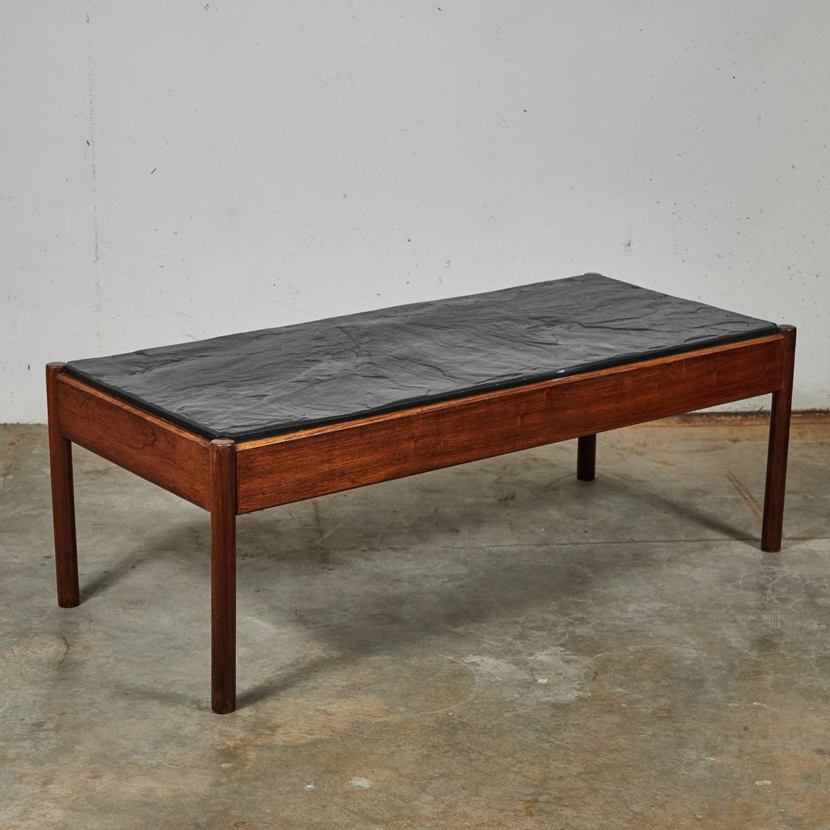 20th Century Mid Century Modern French Stone Top Coffee Table with Mahogany Base 
