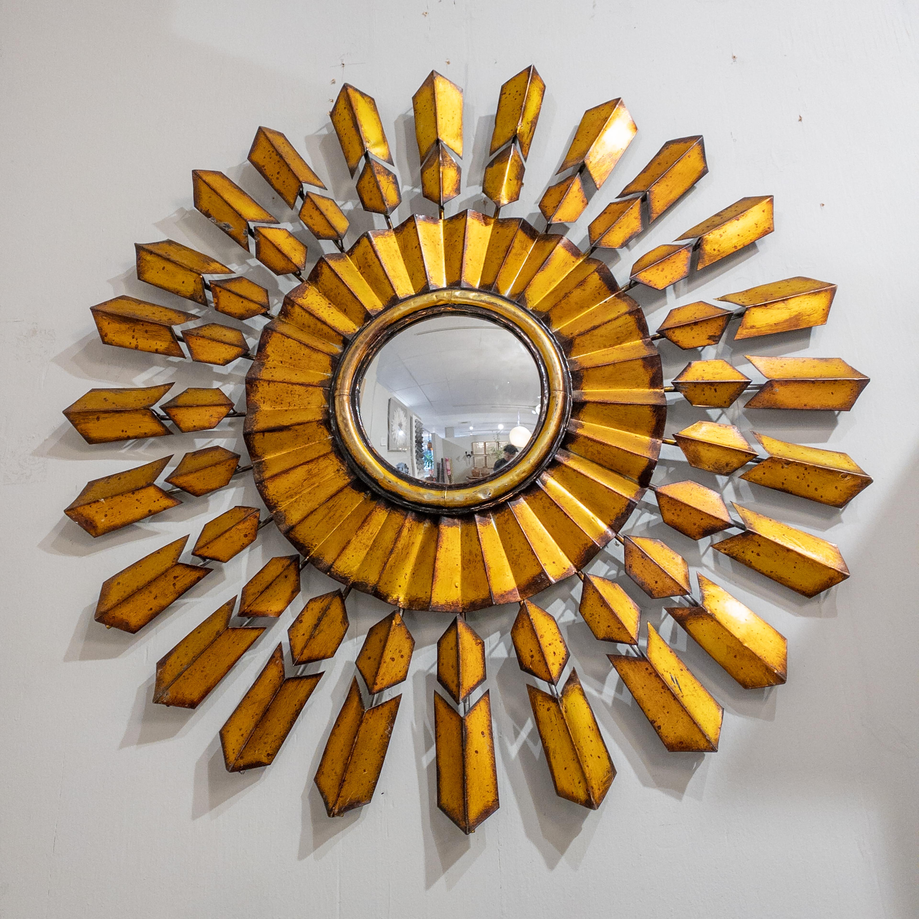 Gilt Mid Century Modern French Sun Burst Mirror For Sale