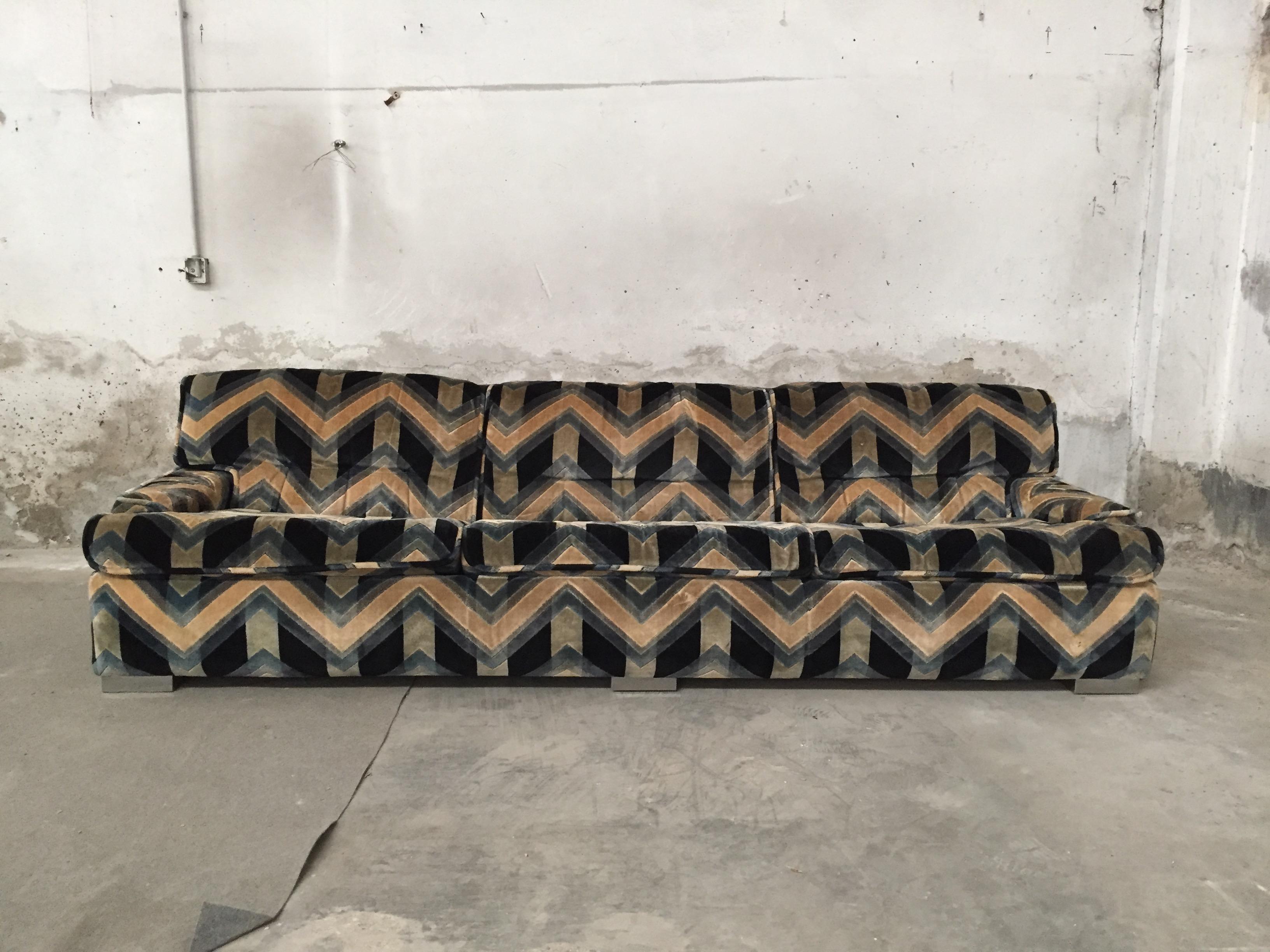 Fabric Mid-Century Modern French Three-Seat Sofa by Gérard Guermonprez, 1970s For Sale
