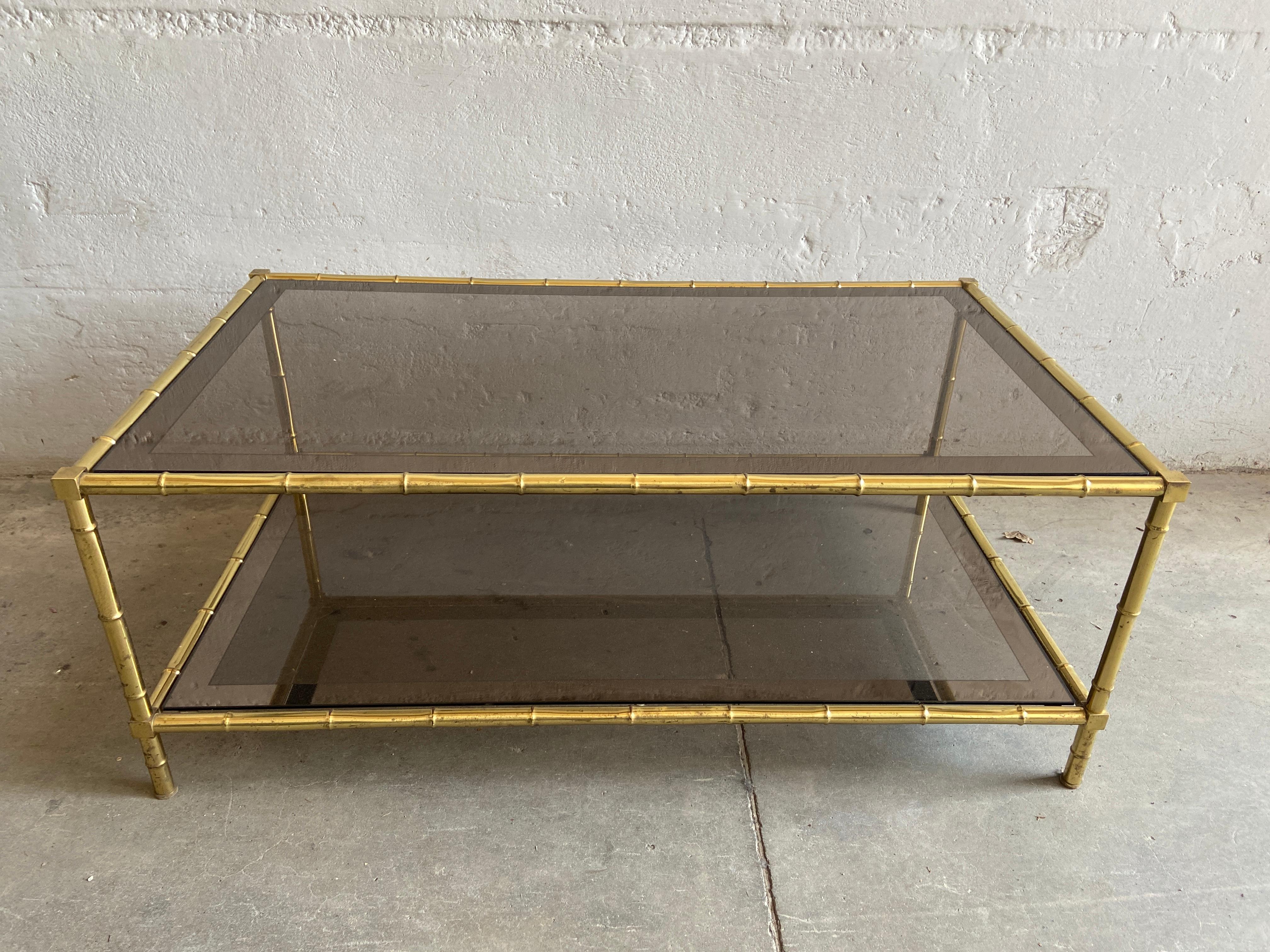 Gilt Mid-Century Modern French Two-Tier Maison Baguès Brass Coffee or Sofa Table For Sale