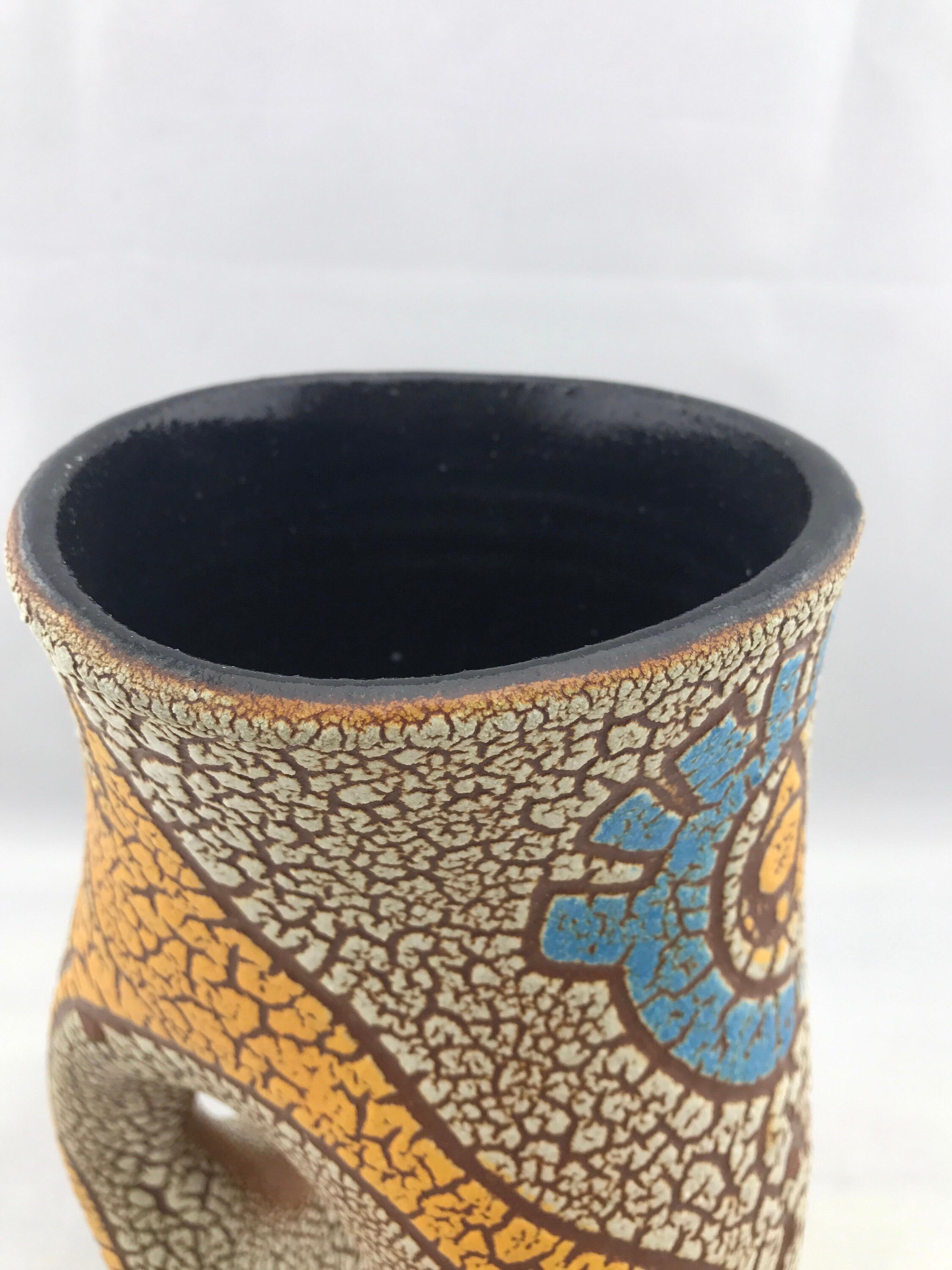 Mid-Century Modern French Vase by Accolay, Vintage Blue and Yellow Modernist Owl 5