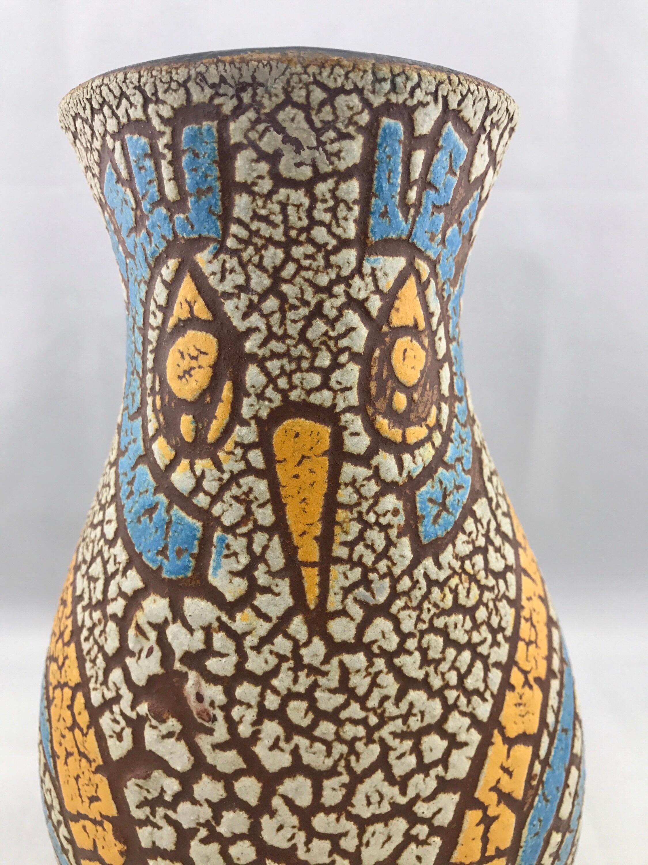 Mid-Century Modern French Vase by Accolay, Vintage Blue and Yellow Modernist Owl 8