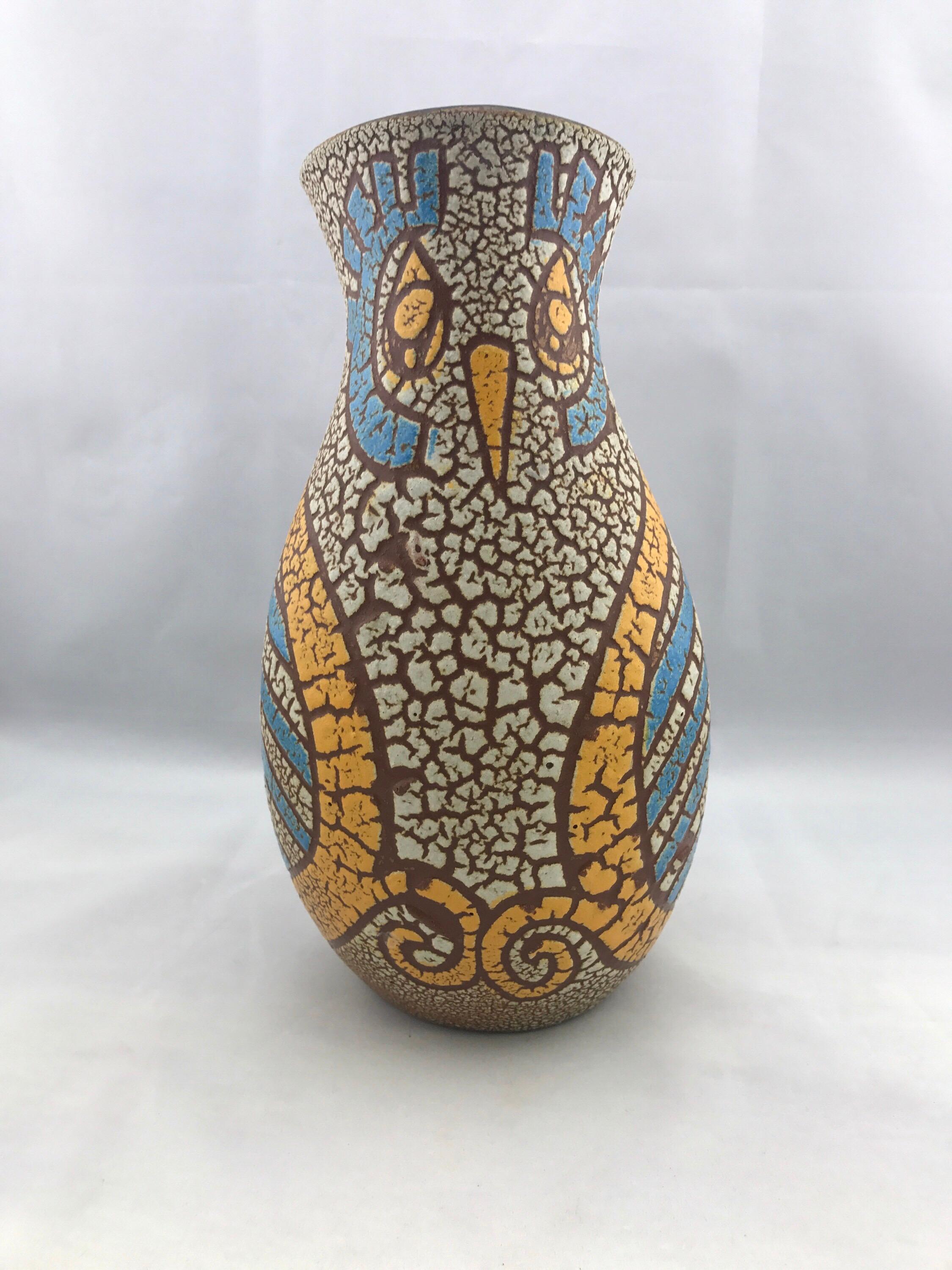 Mid-Century Modern French Vase by Accolay, Vintage Blue and Yellow Modernist Owl In Good Condition In Marietta, GA
