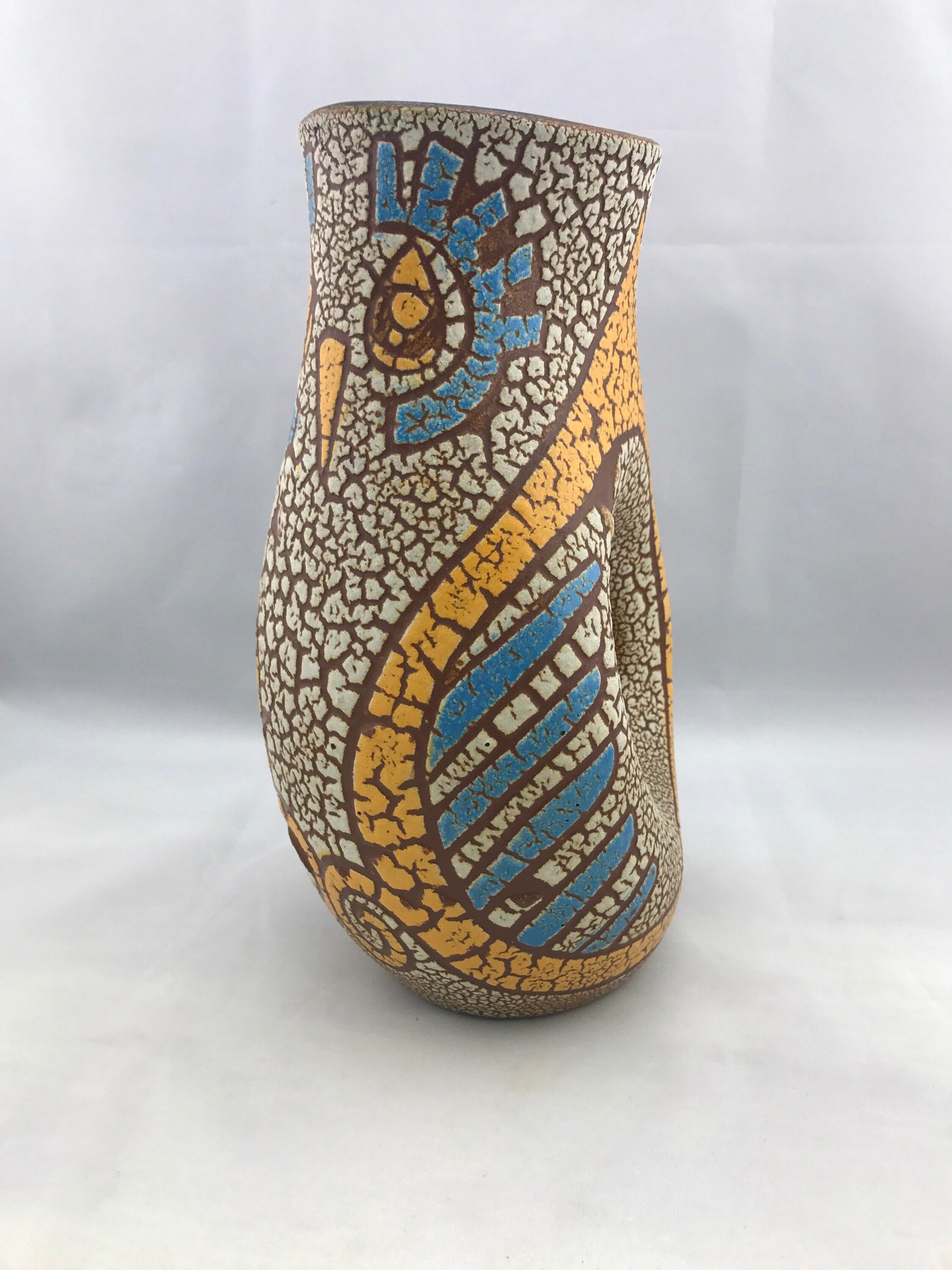 Mid-20th Century Mid-Century Modern French Vase by Accolay, Vintage Blue and Yellow Modernist Owl