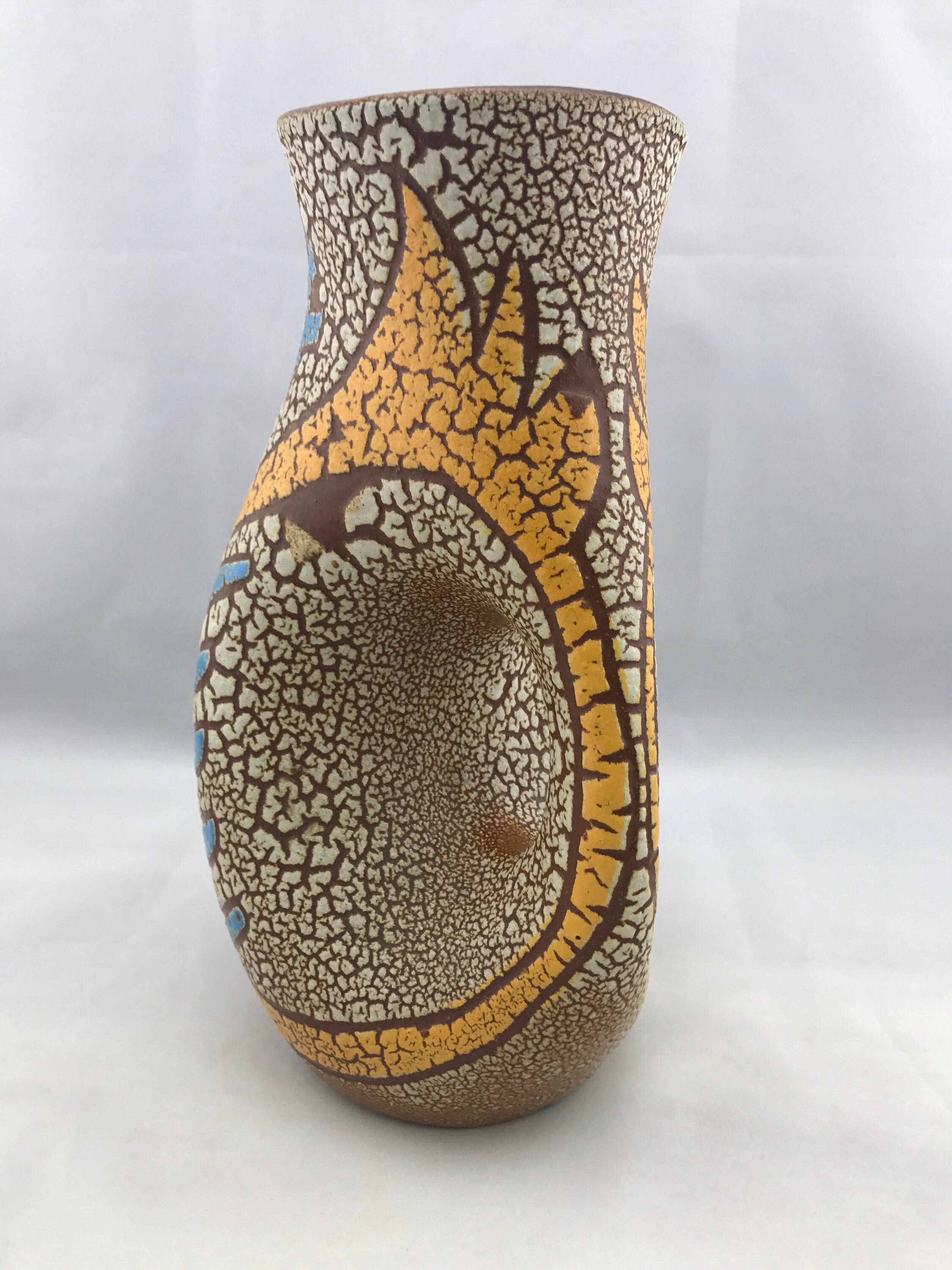 Mid-Century Modern French Vase by Accolay, Vintage Blue and Yellow Modernist Owl 1