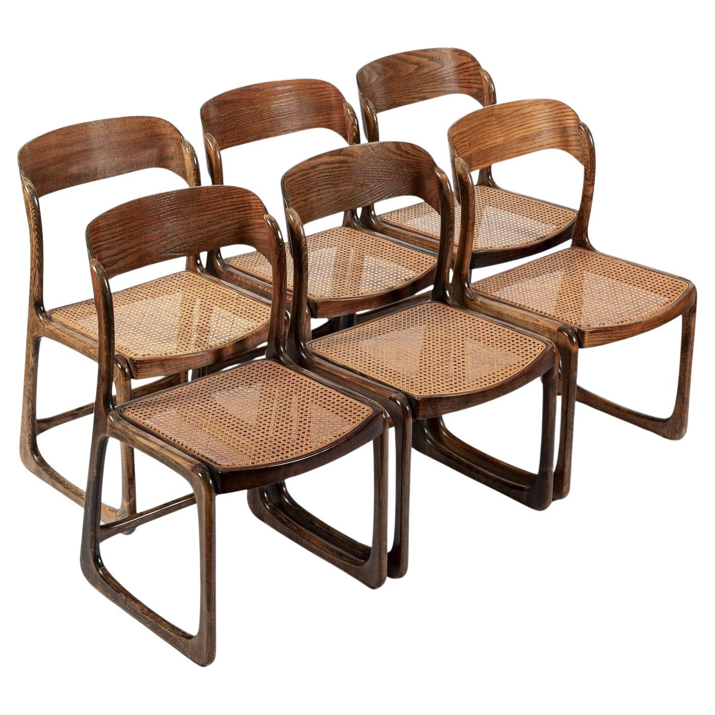 Moderne französische Holz- und Rohrgeflechtstühle der Jahrhundertmitte von Baumann im Angebot