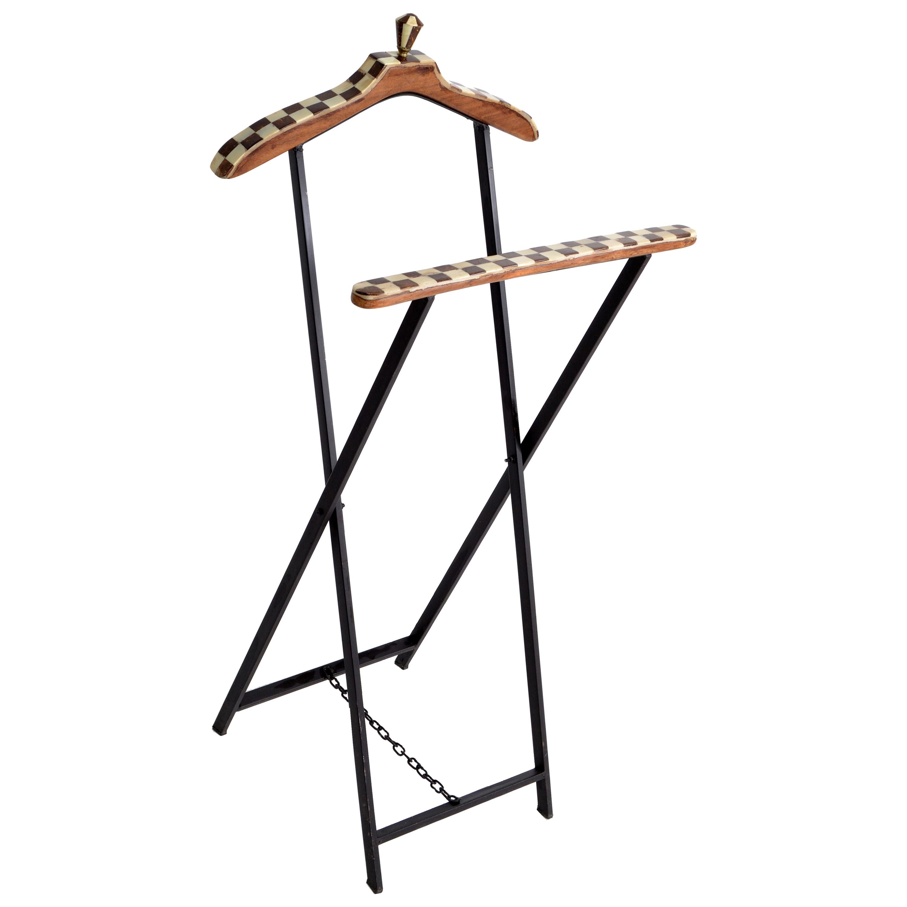 Mid-Century Modern French Wood Marquetry and Metal Men's Valet Stand, Coat Stand