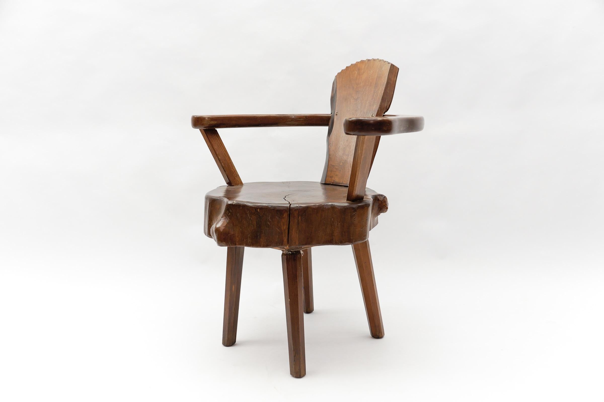 Rustic Mid-Century Modern French Wooden Armchair, Pierre Chapo Attributed, 1960s For Sale