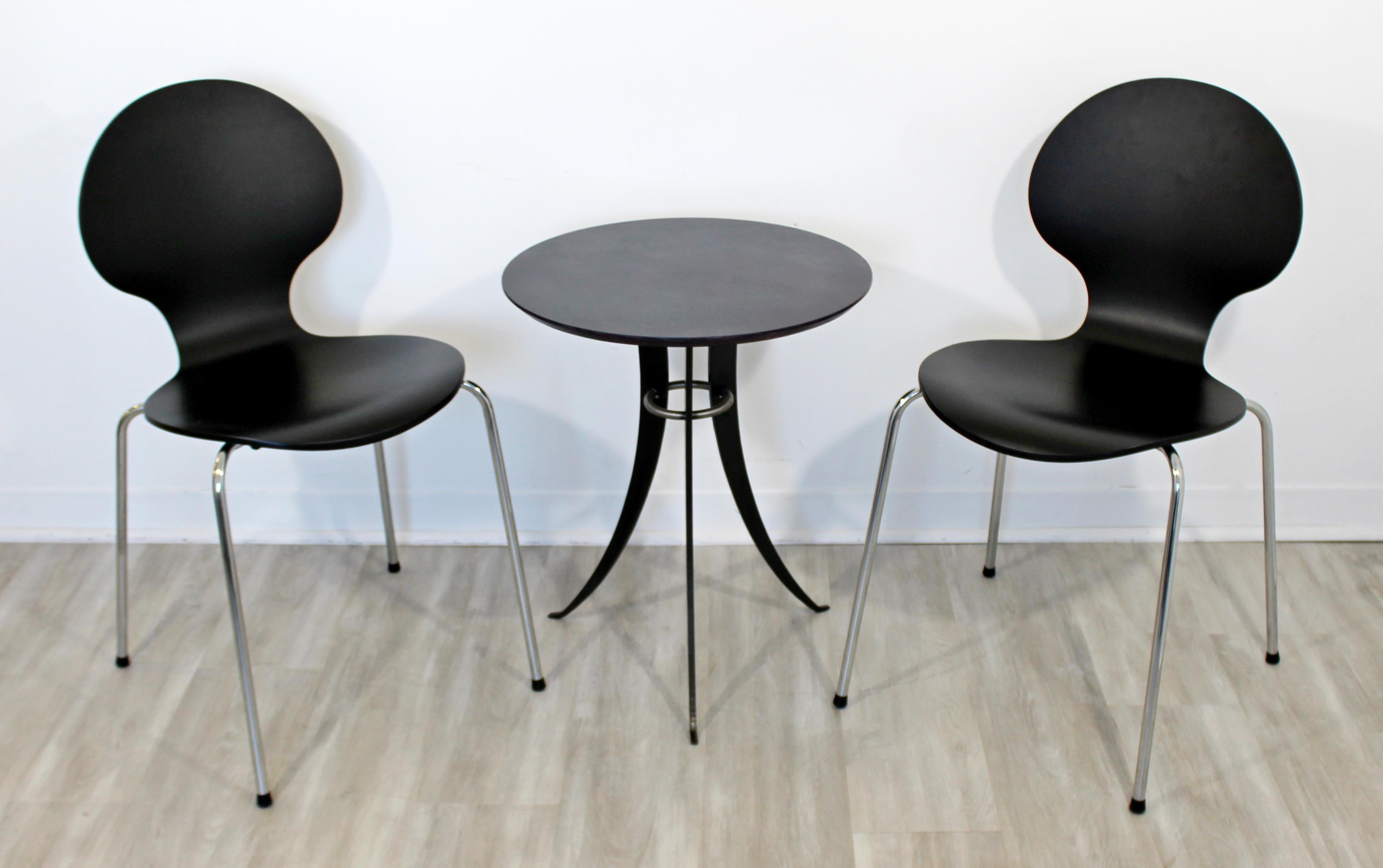 For your consideration is a wonderful set, including a cafe table and pair of side chairs, by Fritz Hansen, circa 1960s. In excellent vintage condition. The dimensions of the table are 20