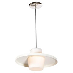 Retro Mid-Century Modern Frosted Glass Saucer Form Pendant in with Chrome Fittings