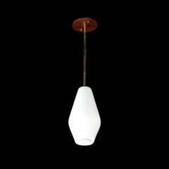 Mid-Century Modern Frosted Glass & Walnut Pendant Chandelier with Brass Fittings