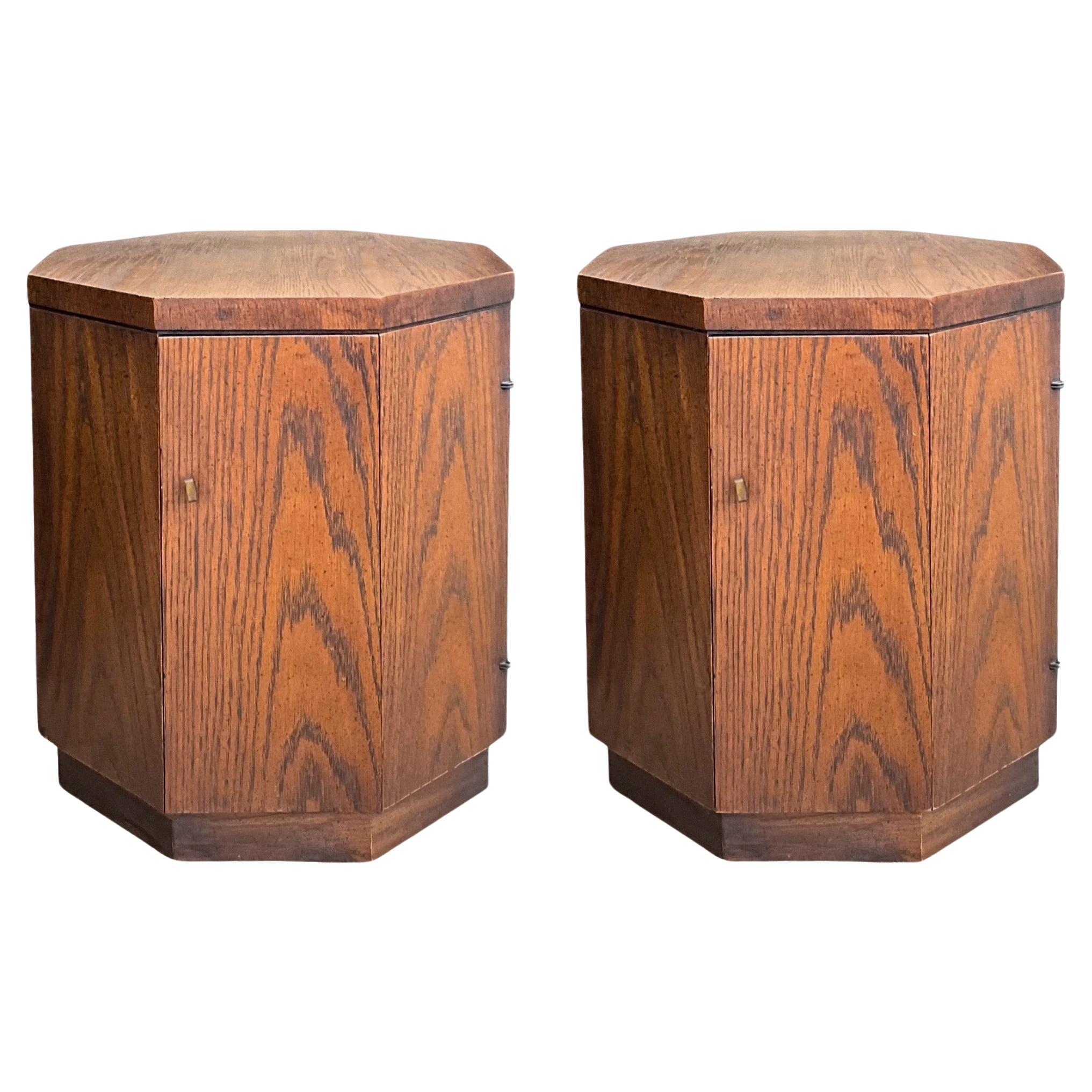 Mid-Century Modern Fruitwood Side Cylinder Tables With Storage Att. To Drexel For Sale