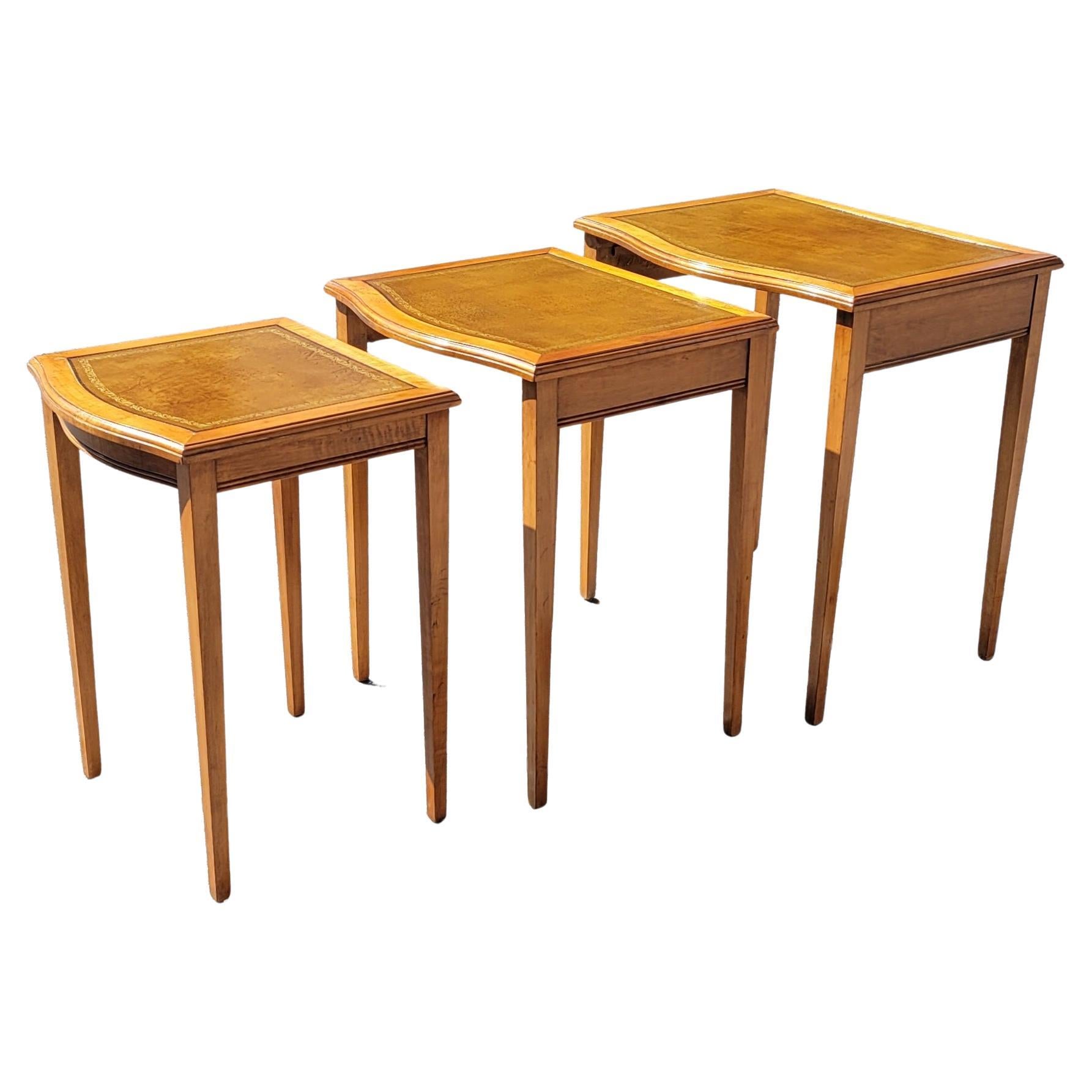 American Mid-Century Modern Fruitwood Stenciled Leather Top Nesting Tables, Set of 3 For Sale