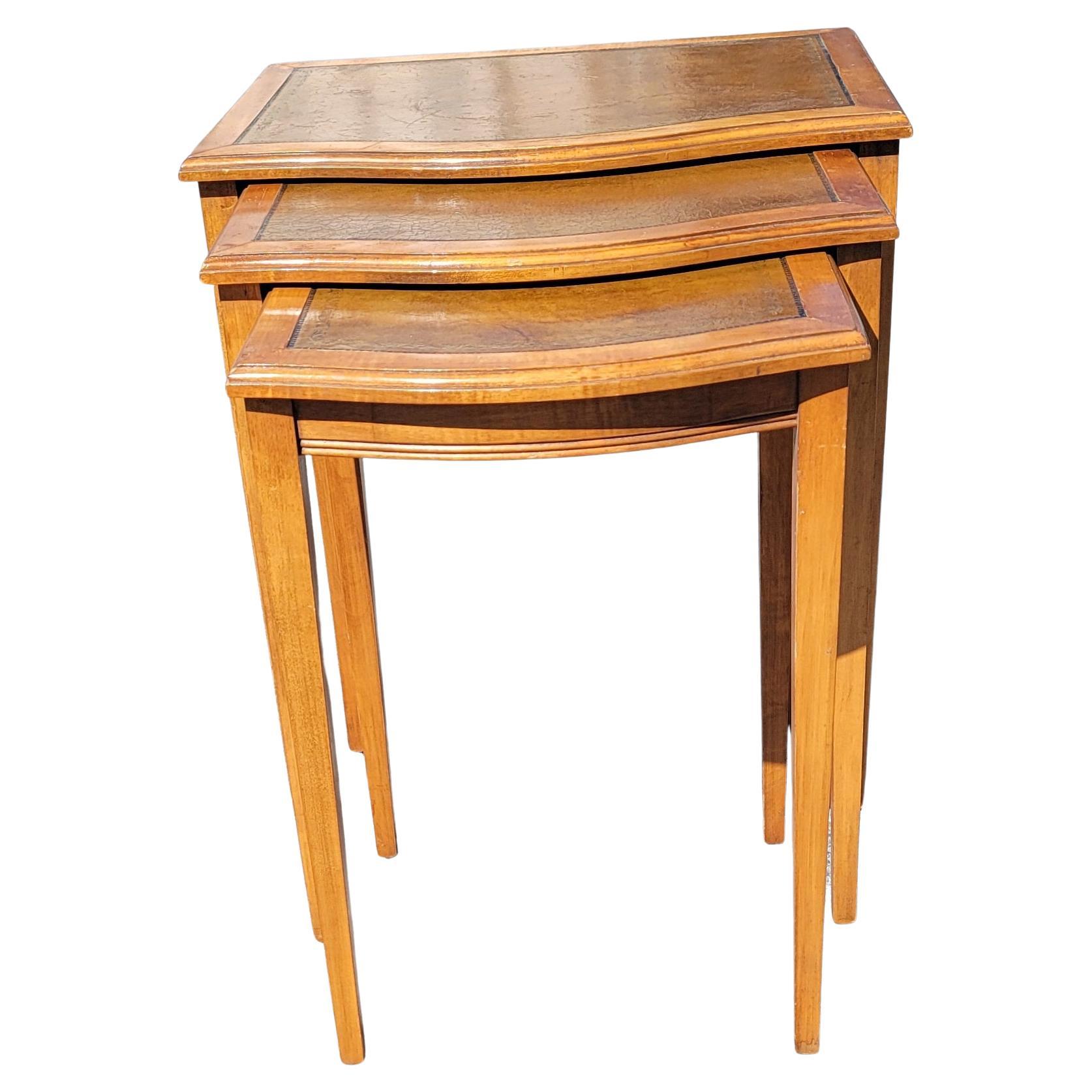 Mid-Century Modern Fruitwood Stenciled Leather Top Nesting Tables, Set of 3 For Sale