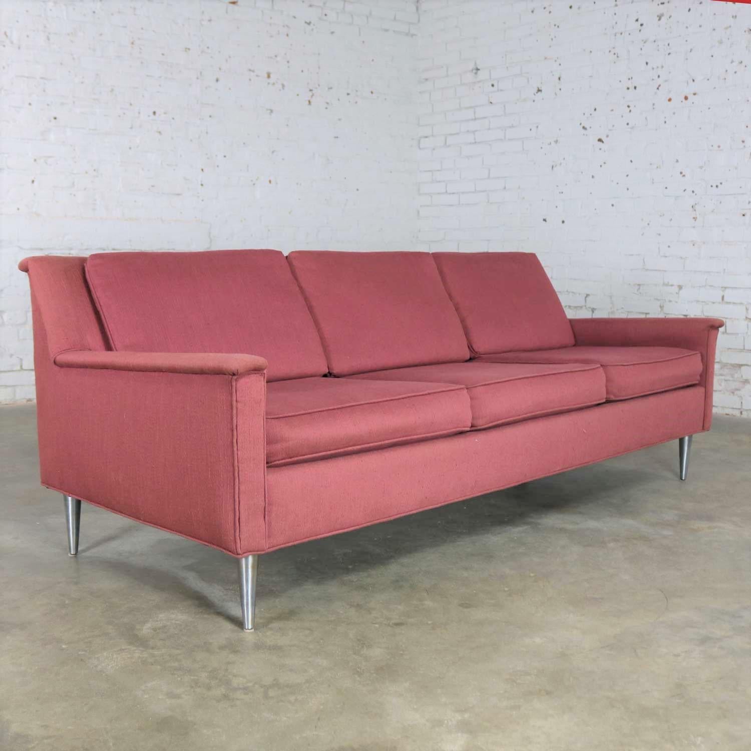 20th Century Mid-Century Modern Fuchsia Sofa Turned Metal Tapered Legs Style Edward Wormley