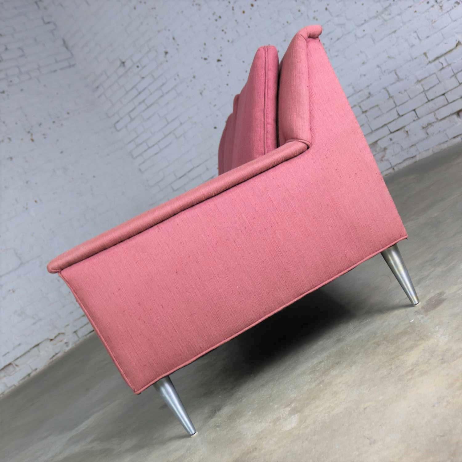 Mid-Century Modern Fuchsia Sofa Turned Metal Tapered Legs Style Edward Wormley 1